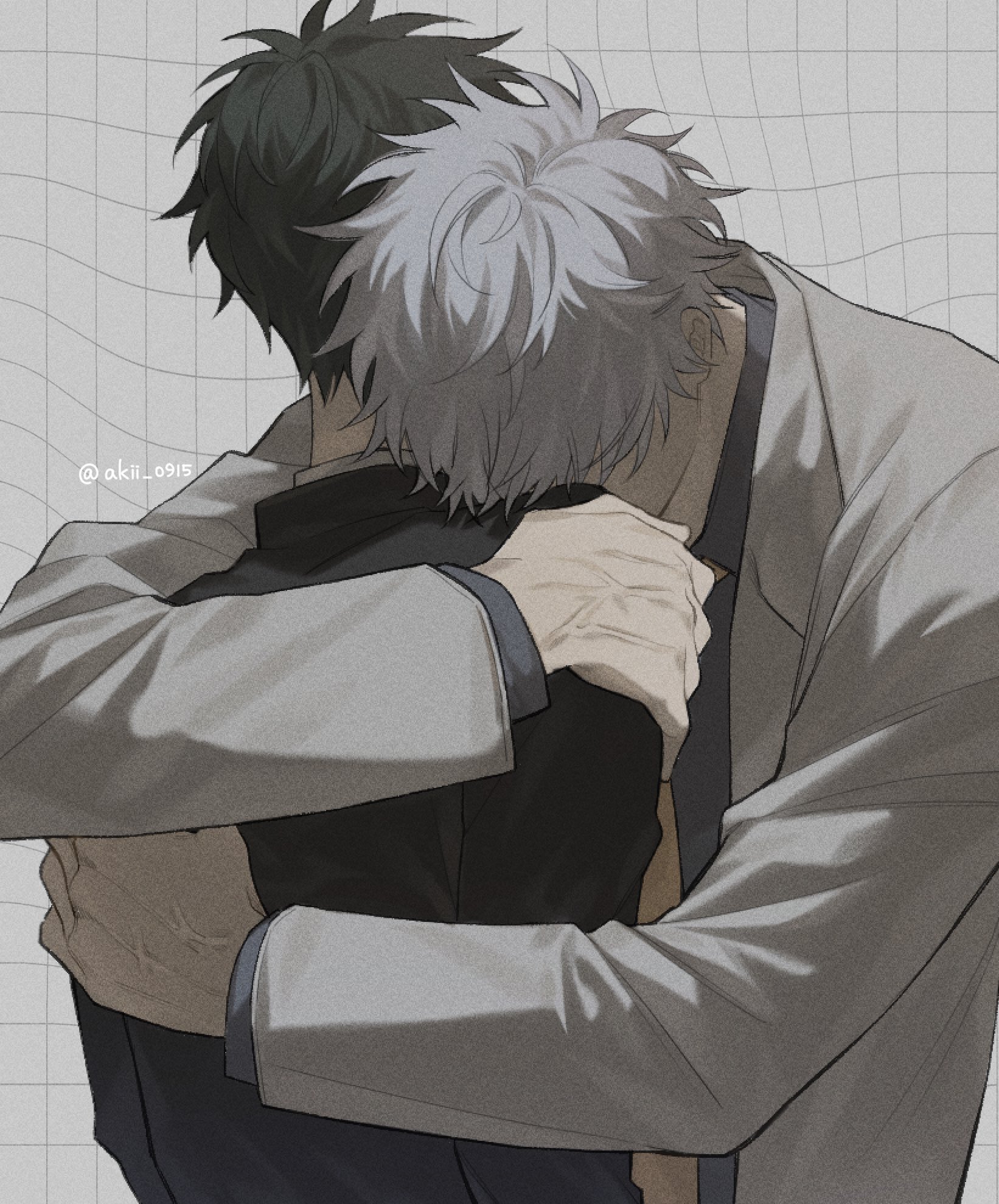 akii 0915, hijikata toushirou, sakata gintoki, gintama, commentary request, highres, 2boys, black hair, black shirt, collared shirt, grey background, grey hair, grey jacket, grid background, hug, jacket, lapels, layered sleeves, long sleeves, male focus, multiple boys, parted hair, shirt, short hair, twitter username, veins, veiny hands
