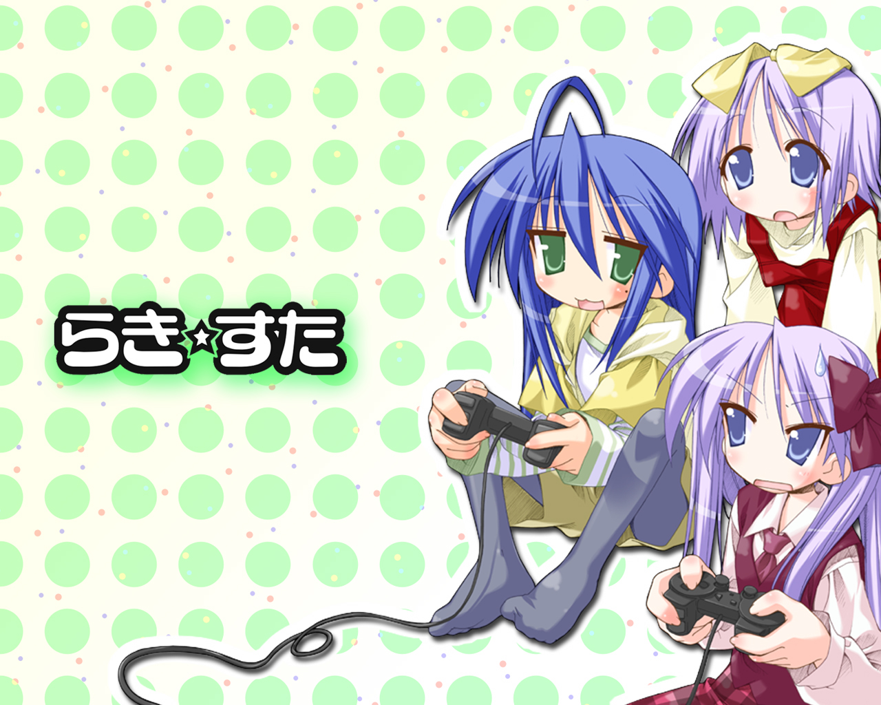 yoshimizu kagami, hiiragi kagami, hiiragi tsukasa, izumi konata, lucky star, official art, official wallpaper, 00s, 3girls, ahoge, bow, controller, game console, hair bow, joystick, mole, mole under eye, multiple girls, pantyhose, playing games, playstation 2, playstation 3, siblings, sisters, sitting, sweatdrop, tsurime, twins, video game