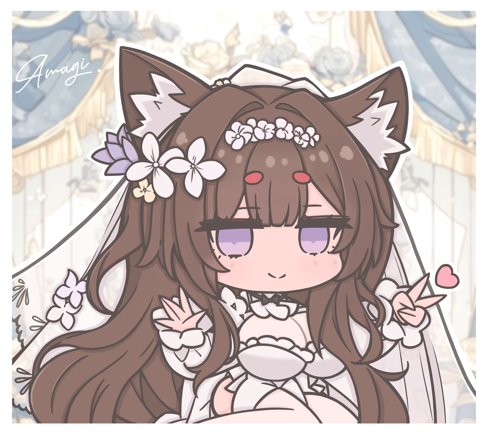futaba (anti clockwise), amagi (azur lane), azur lane, ai-assisted, commentary, highres, symbol-only commentary, 1girl, ai-generated background, animal ear fluff, animal ears, artist name, blue eyes, blush, border, breasts, bridal veil, bride, character name, chibi, chibi only, cleavage, dress, flower, fox ears, fox girl, fox tail, hair flower, hair intakes, hair ornament, heart, kneeling, large breasts, long hair, official alternate costume, puffy sleeves, sidelocks, smile, solo, strapless, strapless dress, tail, thick eyebrows, thighs, v, veil, very long hair, wedding dress, white border, white dress, white flower