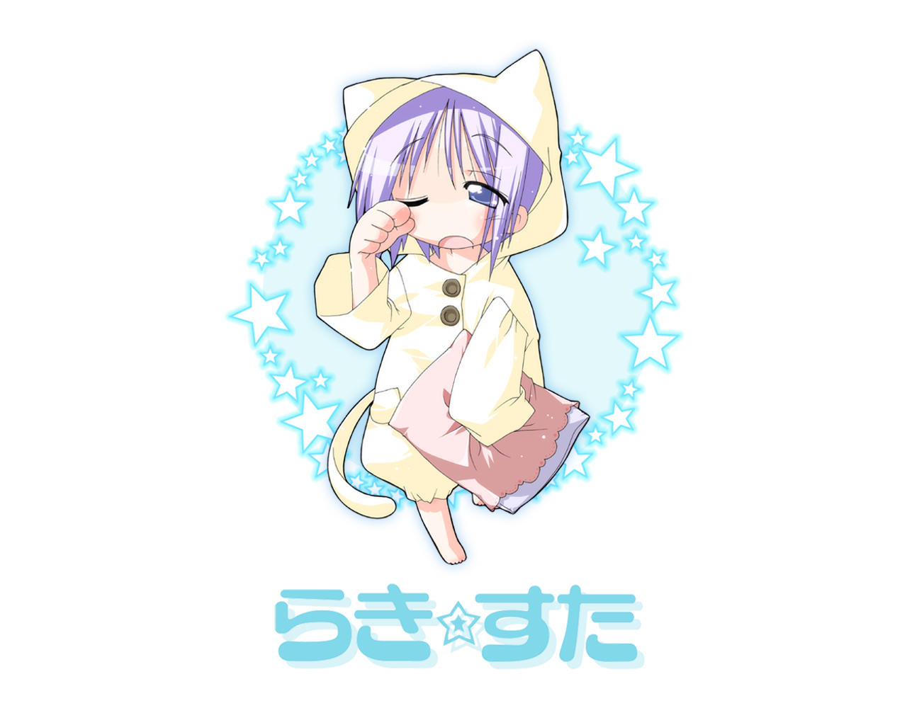 yoshimizu kagami, hiiragi tsukasa, lucky star, official art, official wallpaper, 00s, animal ears, chibi, kitten pajamas, pajamas, pillow, sleepy, solo