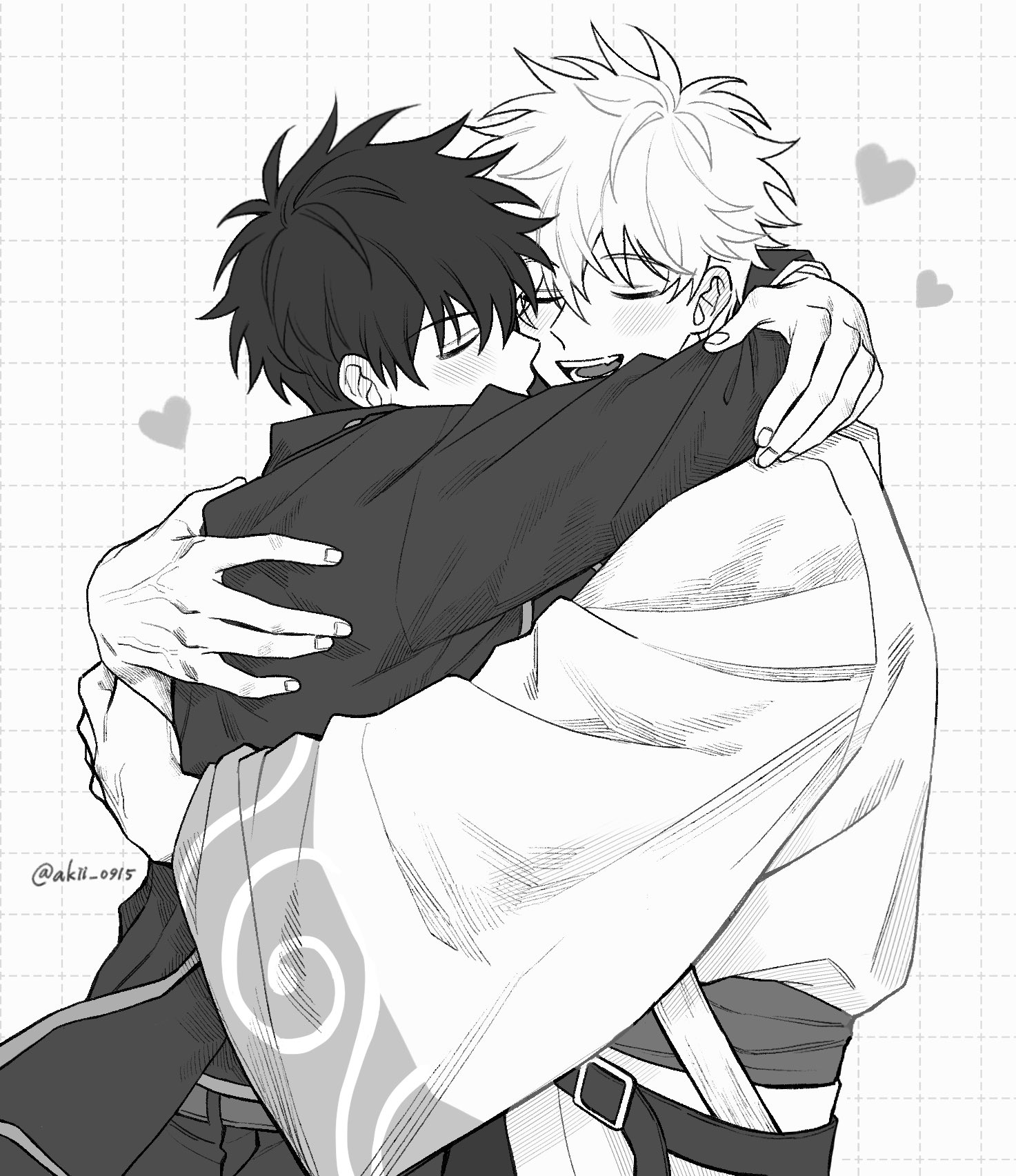 akii 0915, hijikata toushirou, sakata gintoki, gintama, commentary request, highres, 2boys, arms around neck, belt, belt buckle, blush, buckle, closed eyes, cowboy shot, fingernails, greyscale, grid background, heart, hug, imminent kiss, jacket, japanese clothes, kimono, layered sleeves, long sleeves, male focus, monochrome, multiple boys, mutual hug, open mouth, pants, smile, standing, teeth, twitter username, wave print, white background, yaoi