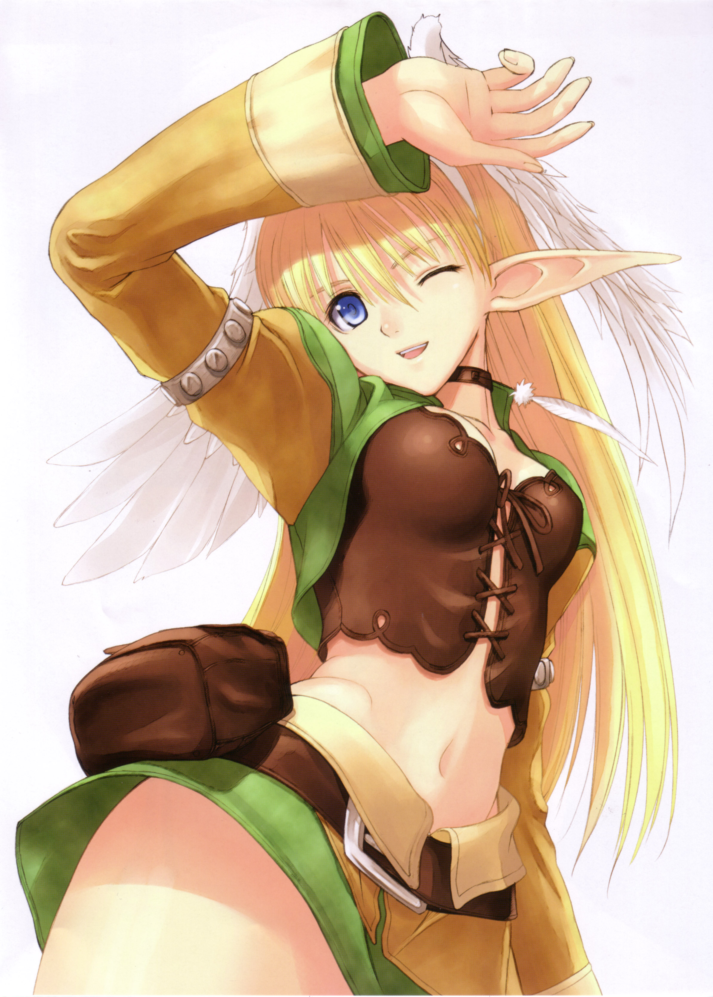 tony taka, elwing, sega, shining (series), shining tears, absurdres, highres, armlet, blonde hair, blue eyes, breasts, breasts apart, cleavage, cowboy shot, elf, hair between eyes, head tilt, head wings, jewelry, leaning to the side, midriff, miniskirt, navel, one eye closed, pencil skirt, pointy ears, simple background, skirt, smile, solo, standing, thighs, white background, wings, wink
