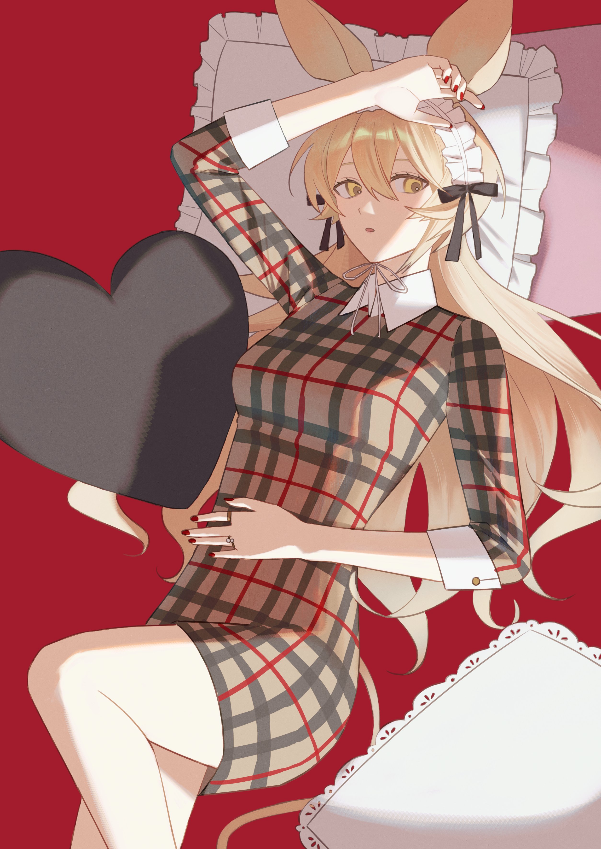 dorothy (arknights), arknights, absurdres, highres, 1girl, 55555may, animal ears, arm above head, arm up, blonde hair, brown dress, dress, fingernails, frilled pillow, frills, hair between eyes, hand on own stomach, head on pillow, heart, heart-shaped pillow, jewelry, long hair, looking at viewer, lying, nail polish, on back, parted lips, pillow, plaid clothes, plaid dress, red background, red nails, ring, short dress, solo, three-quarter sleeves, yellow eyes