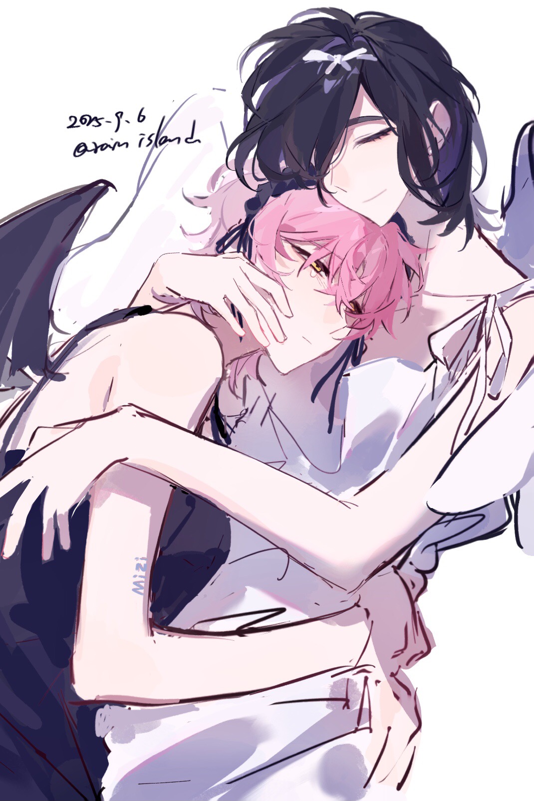 huachajiangqwq, mizi (alien stage), sua (alien stage), alien stage, chinese commentary, commentary request, highres, 2girls, angel wings, arm tattoo, artist name, black dress, black hair, black wings, bow, closed eyes, dated, demon wings, dress, hair bow, hug, multiple girls, official alternate costume, pink hair, short hair, signature, tattoo, very short hair, white bow, white dress, white wings, wings, yellow eyes
