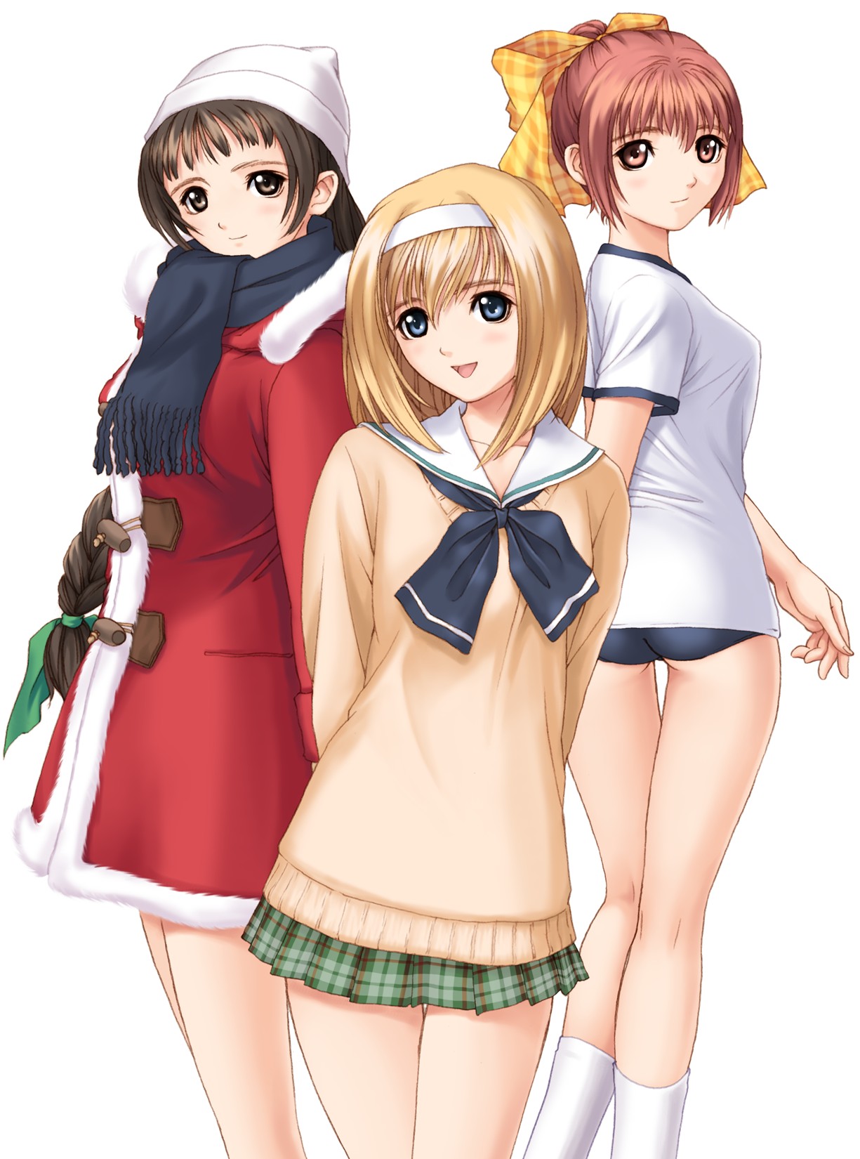 tony taka, sangami erika, takawashi nagisa, yukifuji mika, after (game), partner ~sekai de ichiban taisetsu na hito~, tsubasa no hatameki, white headwear, white legwear, highres, 3girls, arms behind back, ass, beanie, blonde hair, blue eyes, blue scarf, blush, bow, braid, brown eyes, brown hair, buruma, coat, crossover, gym uniform, hair bow, hairband, hat, headband, long hair, looking back, matching hair/eyes, most body, multiple girls, open mouth, pink eyes, pink hair, plaid bow, plaid clothes, plaid skirt, scarf, school uniform, serafuku, shirt, short hair, simple background, skirt, smile, socks, sweater, t-shirt, thigh gap, white headband