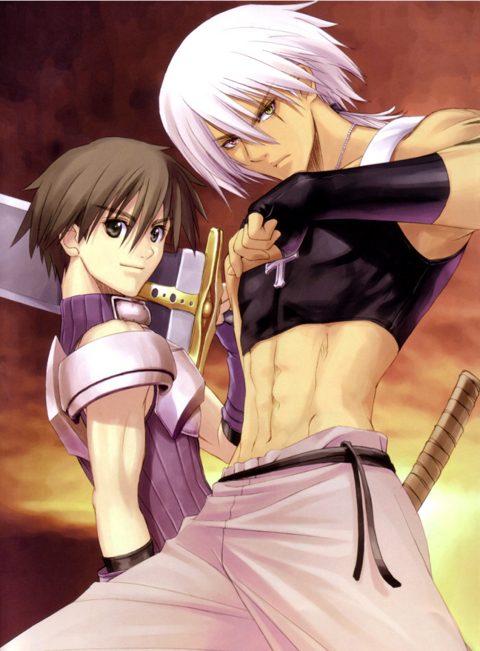 tony taka, xion, keiner, sega, shining (series), shining tears, scan, 2boys, abs, backlighting, black eyes, black hair, blouse, blue shirt, cowboy shot, crop top, cross, dark skin, fingerless gloves, from side, gloves, gorget, hair between eyes, holding, holding sword, holding weapon, jewelry, legs apart, low ponytail, male focus, multiple boys, necklace, outdoors, pendant, ponytail, shirt, sleeveless, sleeveless shirt, smile, standing, sunset, sword, turtleneck, v-shaped eyebrows, weapon, white hair