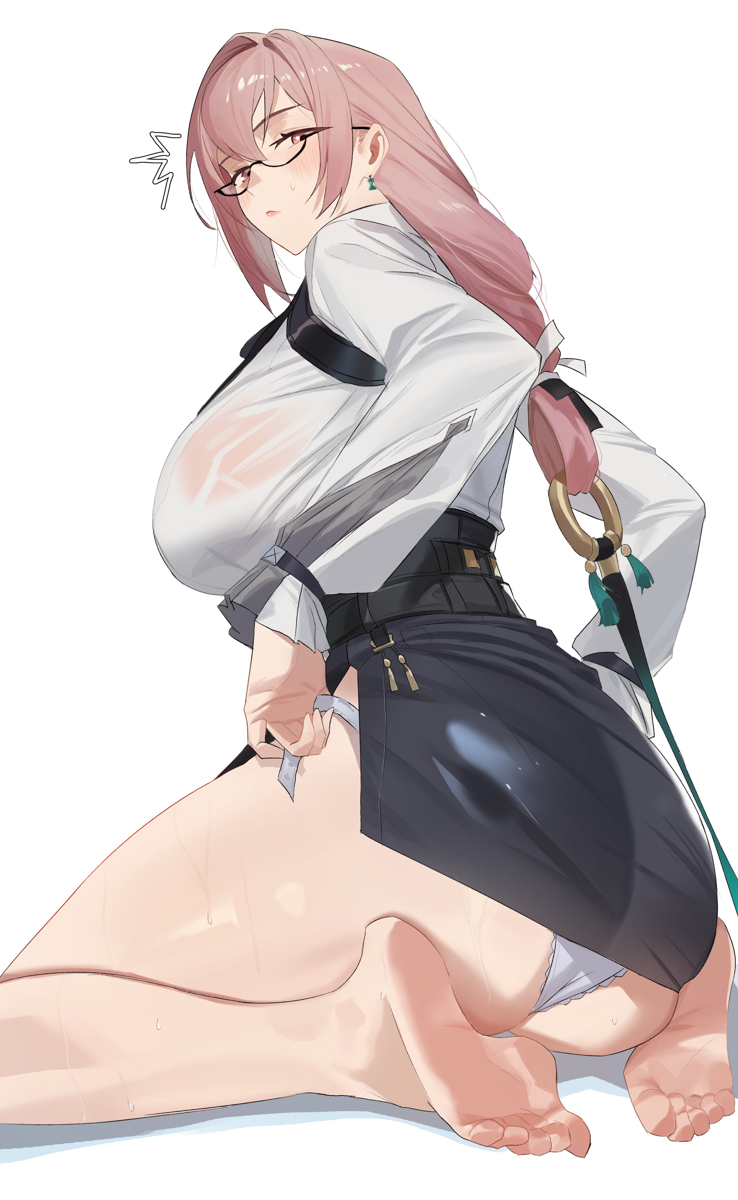 22 (wawara22), tsukishiro yanagi, zenless zone zero, absurdres, highres, 1girl, ass, bare legs, barefoot, earrings, feet, from behind, glasses, headband, high-waist skirt, hourglass earrings, jewelry, legs, panties, pencil skirt, pink eyes, pink hair, ring hair ornament, skirt, soles, solo, toes, underwear, undressing, yellow headband
