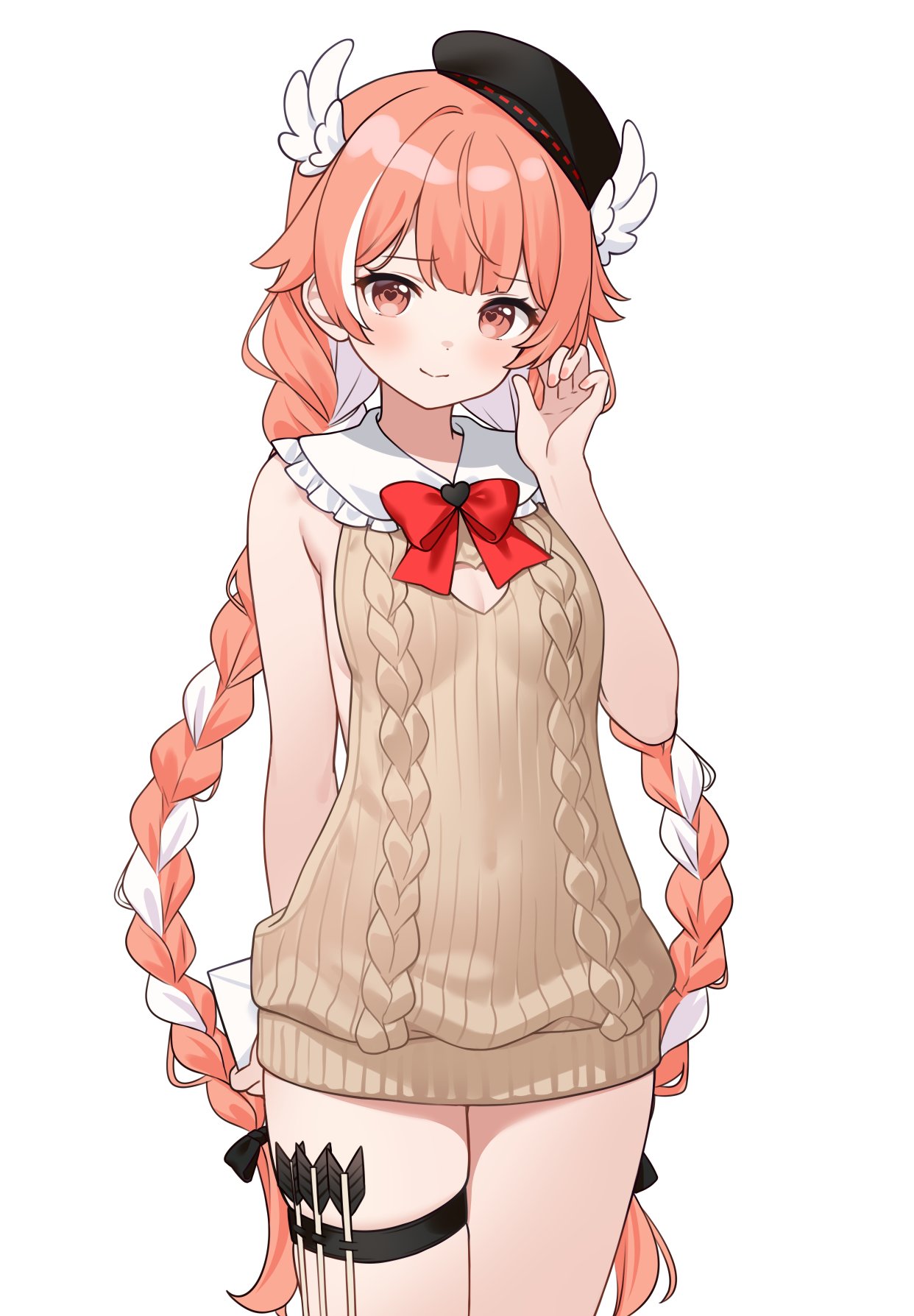 hitsukuya, pillowdear, pillowdear (1st costume), indie virtual youtuber, highres, 1girl, arrow (projectile), beret, black hat, bow, braid, breasts, brown sweater, cleavage, cleavage cutout, closed mouth, clothing cutout, cropped torso, hat, head wings, heart, heart-shaped pupils, long hair, medium breasts, monochrome, multicolored hair, orange eyes, orange hair, red bow, simple background, smile, solo, standing, sweater, symbol-shaped pupils, thigh strap, twin braids, very long hair, virtual youtuber, white background, white hair, white wings, wings