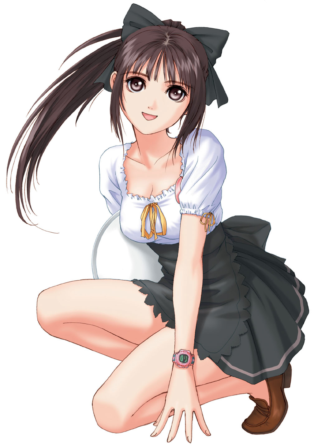 tony taka, highres, 1girl, brown eyes, brown hair, female focus, open mouth, ponytail, ribbon, solo, waitress, watch, wristwatch