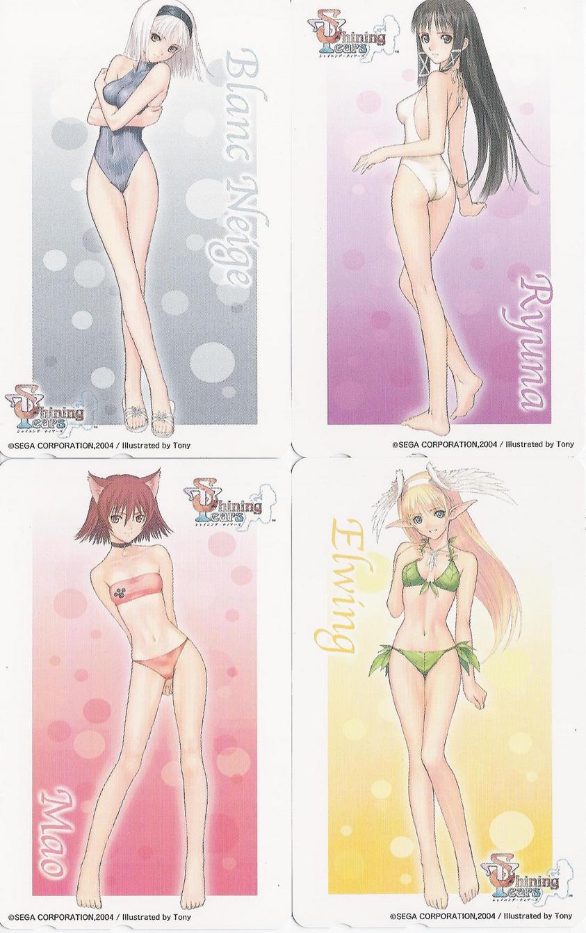 tony taka, blanc neige, elwing, mao (shining tears), ryuna, ryuuna (shining tears), sega, shining (series), shining tears, breast hold, highres, official art, scan, scan artifacts, 4girls, albino, animal ears, arms behind back, ass, back, backless outfit, bandeau, barefoot, bell, bikini, black eyes, black hair, blonde hair, blue eyes, blue one-piece swimsuit, bob cut, breasts, card (medium), casual one-piece swimsuit, cat ears, character name, choker, collar, contrapposto, copyright name, covered navel, crossed arms, crossed legs, dated, elf, fake wings, feathers, feet, flat chest, from behind, front-tie bikini top, front-tie top, gradient background, green bikini, grey eyes, grin, hair between eyes, hair ribbon, hairband, halterneck, hand on own chest, head tilt, head wings, hug, jewelry, kneepits, leaf bikini, leaning, legs, lineup, long hair, long legs, long pointy ears, looking at viewer, multiple girls, narrow waist, navel, neck bell, necklace, one-piece swimsuit, outline, own hands clasped, own hands together, parted bangs, paw print, pendant, phonecard, pinstripe pattern, pointy ears, polka dot, polka dot background, red bikini, red eyes, red hair, ribbon, sandals, self hug, shadow, short hair, side-tie bikini bottom, sidelocks, sitting, small breasts, smile, soles, standing, strapless, striped bikini, striped clothes, swimsuit, take your pick, thigh gap, tiptoes, tress ribbon, tube top, vertical-striped bikini, vertical-striped clothes, very long hair, watson cross, white hair, white one-piece swimsuit, wide hips, wings