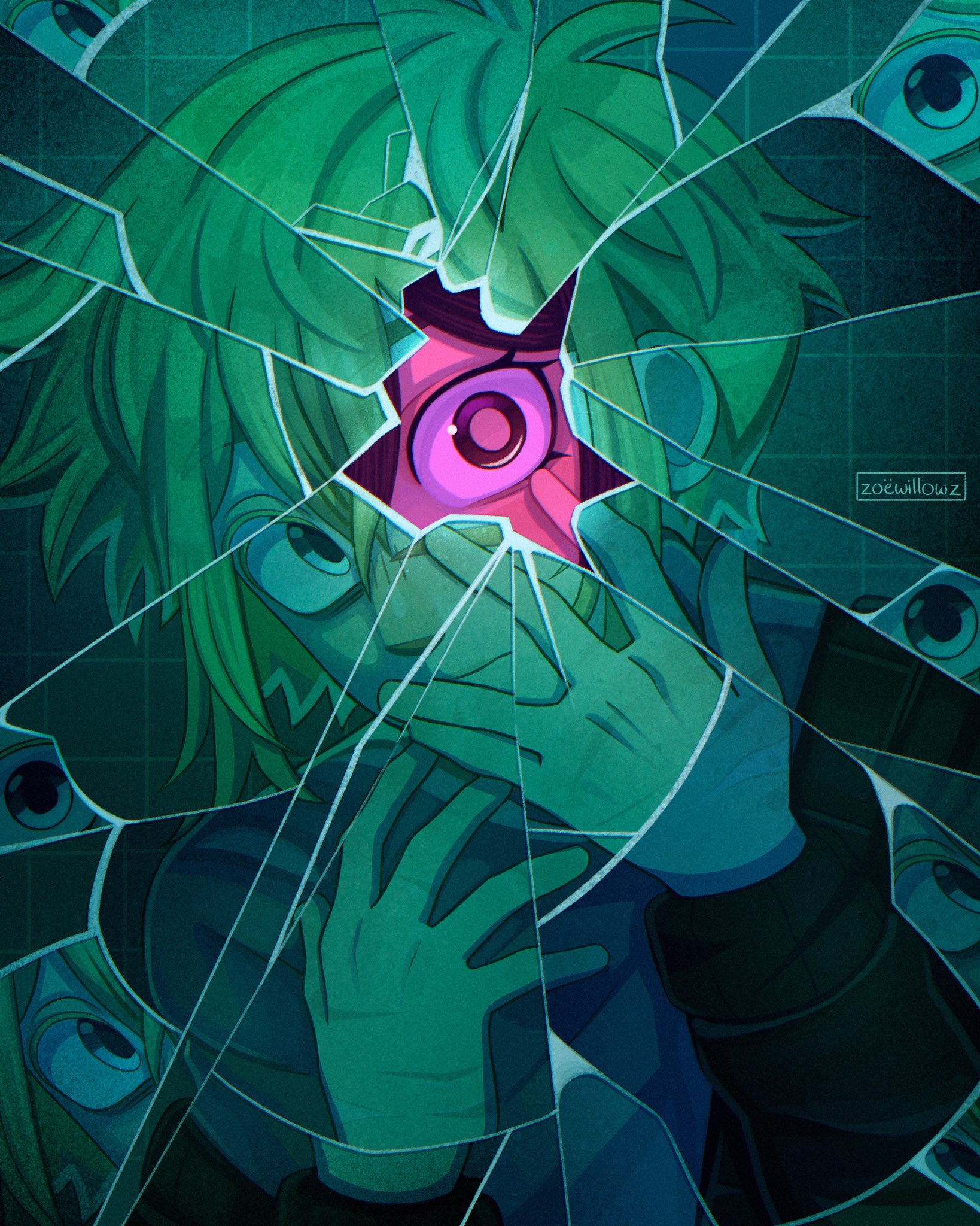 aubrey (faraway) (omori), aubrey (omori), basil (faraway) (omori), basil (omori), omori, highres, 1boy, alternate costume, alternate universe, antenna hair, artist name, blonde hair, blue eyes, closed mouth, long sleeves, male focus, scar, scar on hand, short hair, sidelocks, solo, zoewillowz