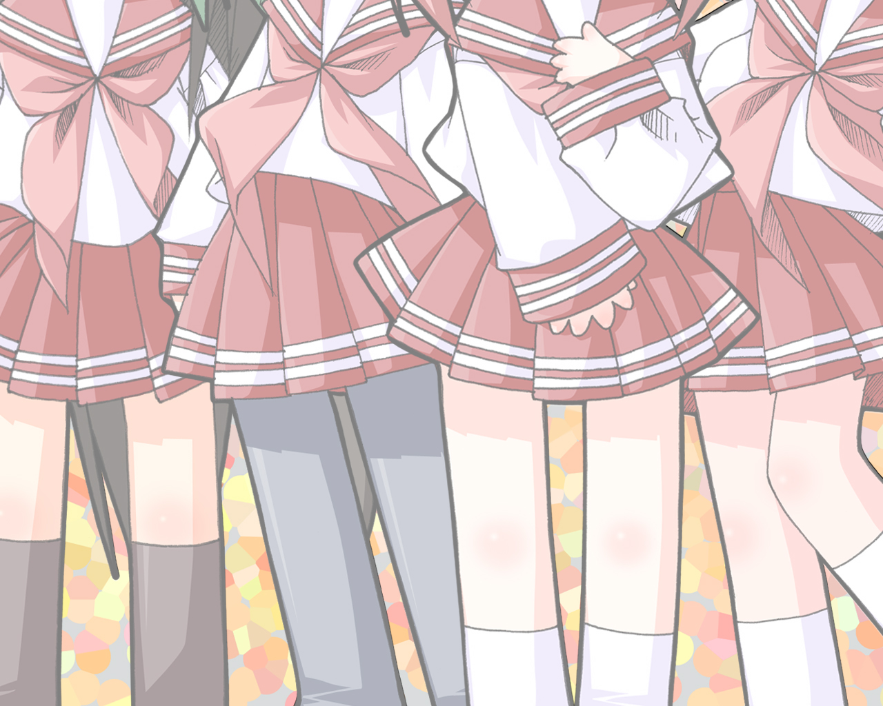 yoshimizu kagami, iwasaki minami, kobayakawa yutaka, patricia martin, tamura hiyori, lucky star, official art, official wallpaper, 00s, kneehighs, pantyhose, school uniform, serafuku, socks