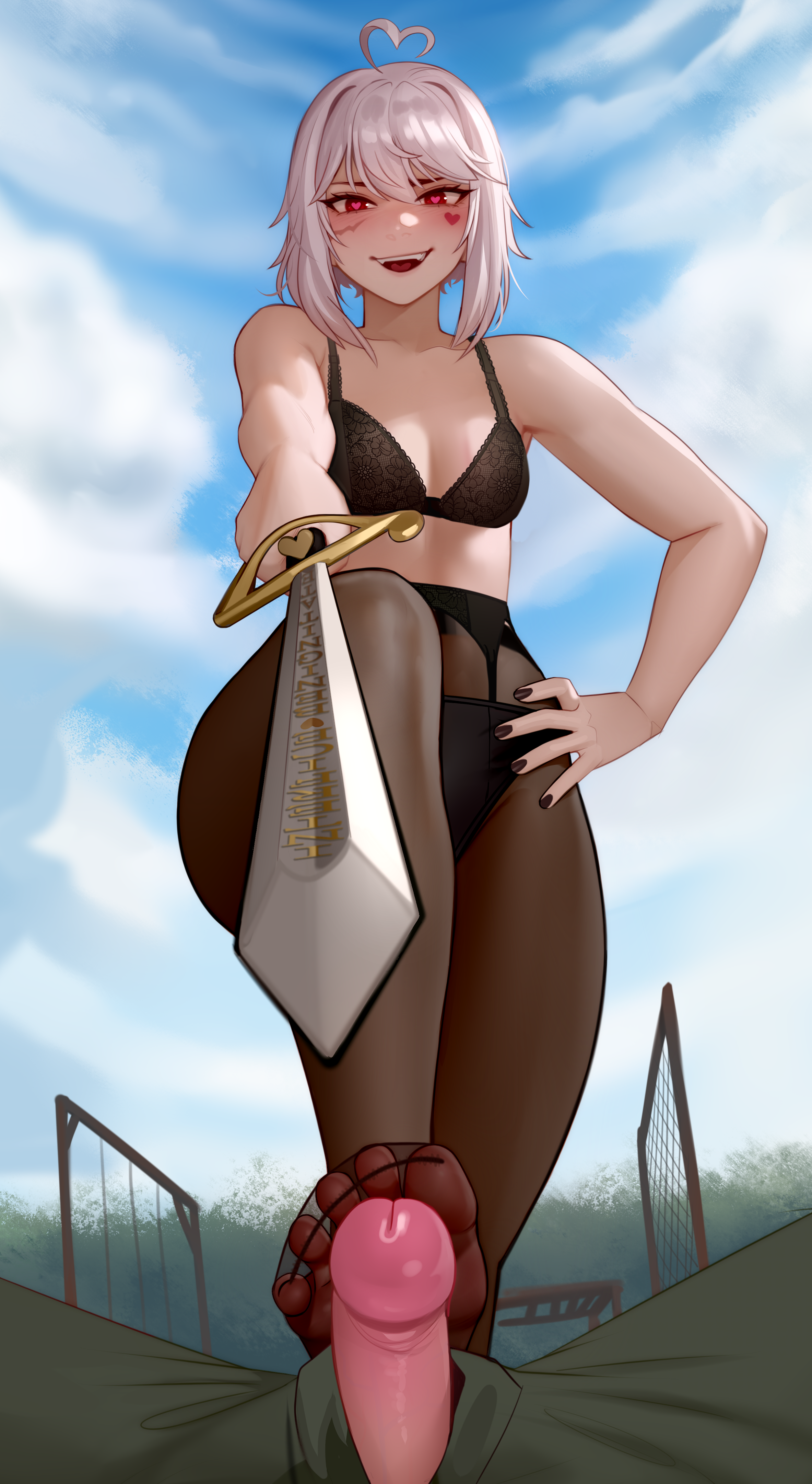 kairunoburogu, original, absurdres, highres, second-party source, variant set, 1boy, 1girl, aiming, aiming at viewer, black bra, black pantyhose, bra, breasts, buddy (b.u.d.d.i.e.s), day, erection, feet, footjob, hair between eyes, hand on own hip, heart, heart-shaped pupils, hetero, holding, holding sword, holding weapon, looking at viewer, no shoes, open mouth, outdoors, pantyhose, penis, penis out, pov, red eyes, small breasts, smile, solo focus, sword, symbol-shaped pupils, toes, uncensored, underwear, weapon, white hair