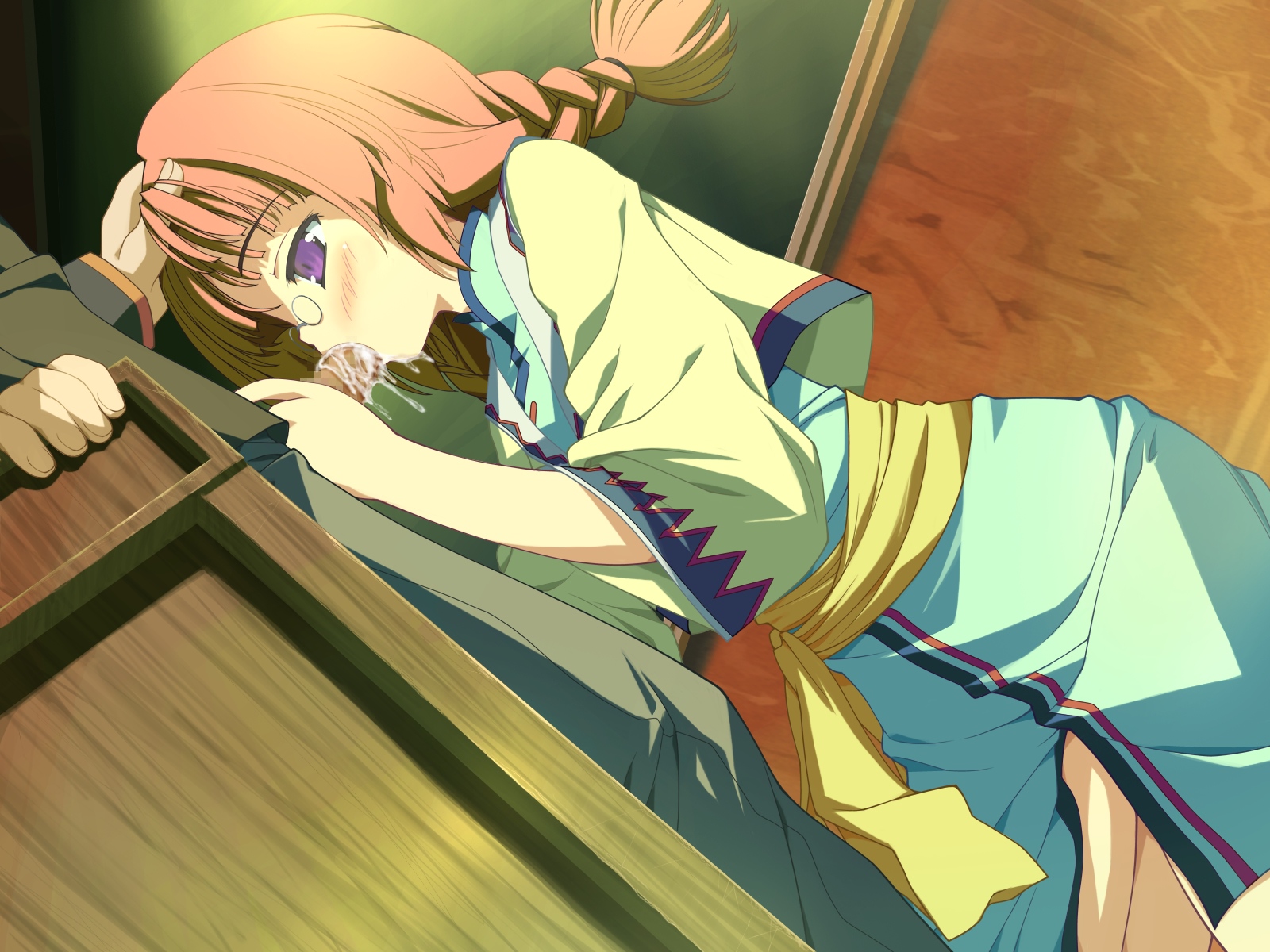 shida kazuhiro, diana selendille, wiz anniversary, hand on head, game cg, highres, 1girl, censored, fellatio, glasses, mosaic censoring, oral, penis, solo focus