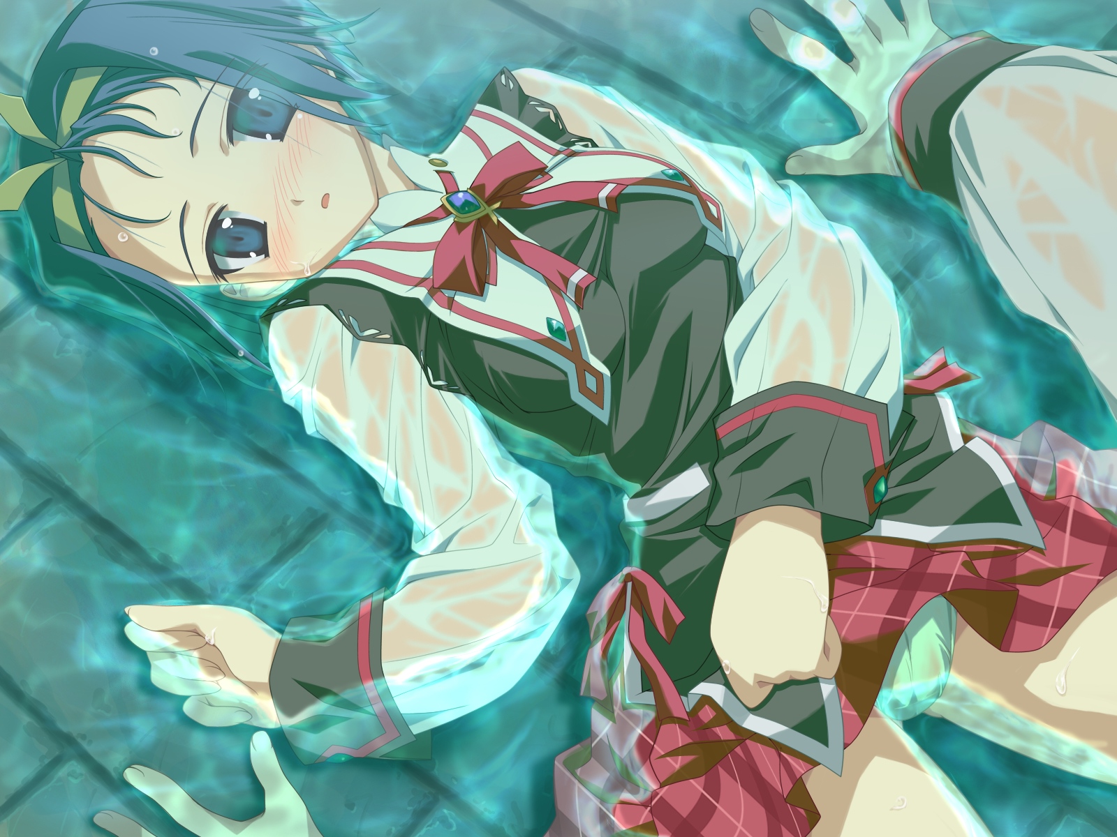 shida kazuhiro, sofiace raphonitte, wiz anniversary, game cg, highres, 1girl, blue eyes, blue hair, blush, clothes lift, female focus, green panties, hairband, lying, male hand, on back, panties, plaid clothes, plaid skirt, raphonitte sofiace, school uniform, serafuku, short hair, skirt, skirt lift, solo, underwear, water, wet, wet clothes