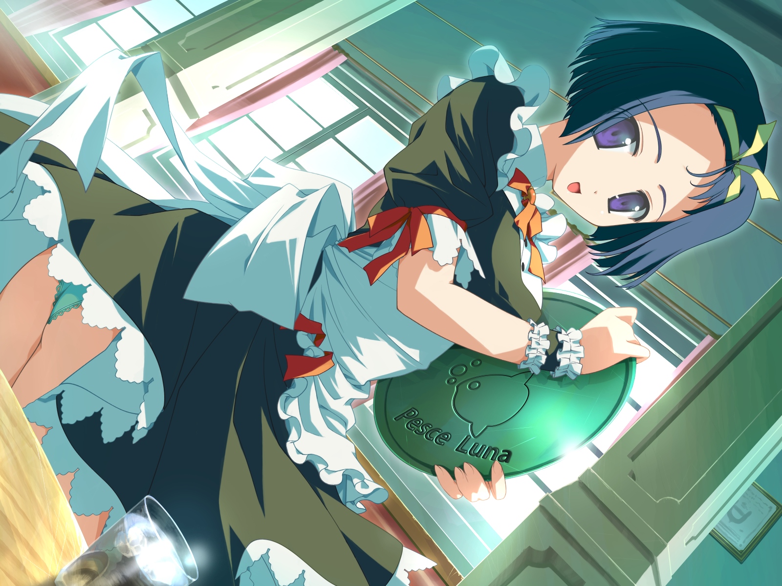 shida kazuhiro, sofiace raphonitte, wiz anniversary, game cg, highres, 1girl, blue hair, dutch angle, female focus, green panties, hairband, lace, lace-trimmed panties, lace trim, looking back, panties, purple eyes, short hair, solo, tray, underwear, waitress