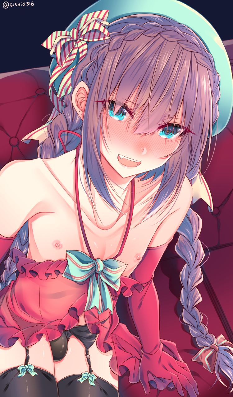 shisei (kyuushoku banchou), original, highres, 1boy, aqua eyes, aqua hat, aqua ribbon, arms at sides, babydoll, beret, black garter belt, black panties, blush, braid, brown hair, bulge, choppy bangs, collarbone, couch, crossdressing, crossdressing (mtf), crown braid, cupless babydoll, elbow gloves, fang, garter belt, gloves, hair between eyes, hat, indoors, leaning to the side, legs together, long hair, long sidelocks, looking at viewer, makeup, male focus, nipples, on couch, open mouth, panties, red babydoll, red gloves, red ribbon, ribbon, ribbon-trimmed thighhighs, ribbon trim, sidelocks, sitting, solo, straight hair, striped ribbon, teeth, thighhighs, thighs, trap, twin braids, underwear, upper teeth only, very long hair, white ribbon