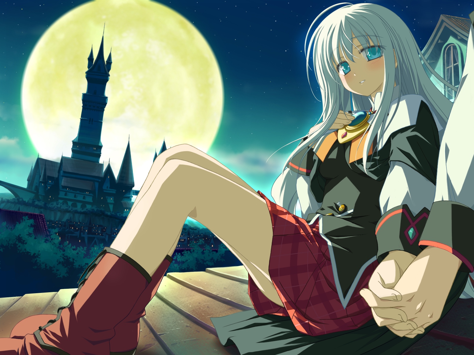 shida kazuhiro, flolium blosselliand, wiz anniversary, game cg, highres, 1girl, blue eyes, blush, boots, holding hands, moon, night, plaid clothes, plaid skirt, school uniform, serafuku, sitting, skirt, smile, solo focus, white hair