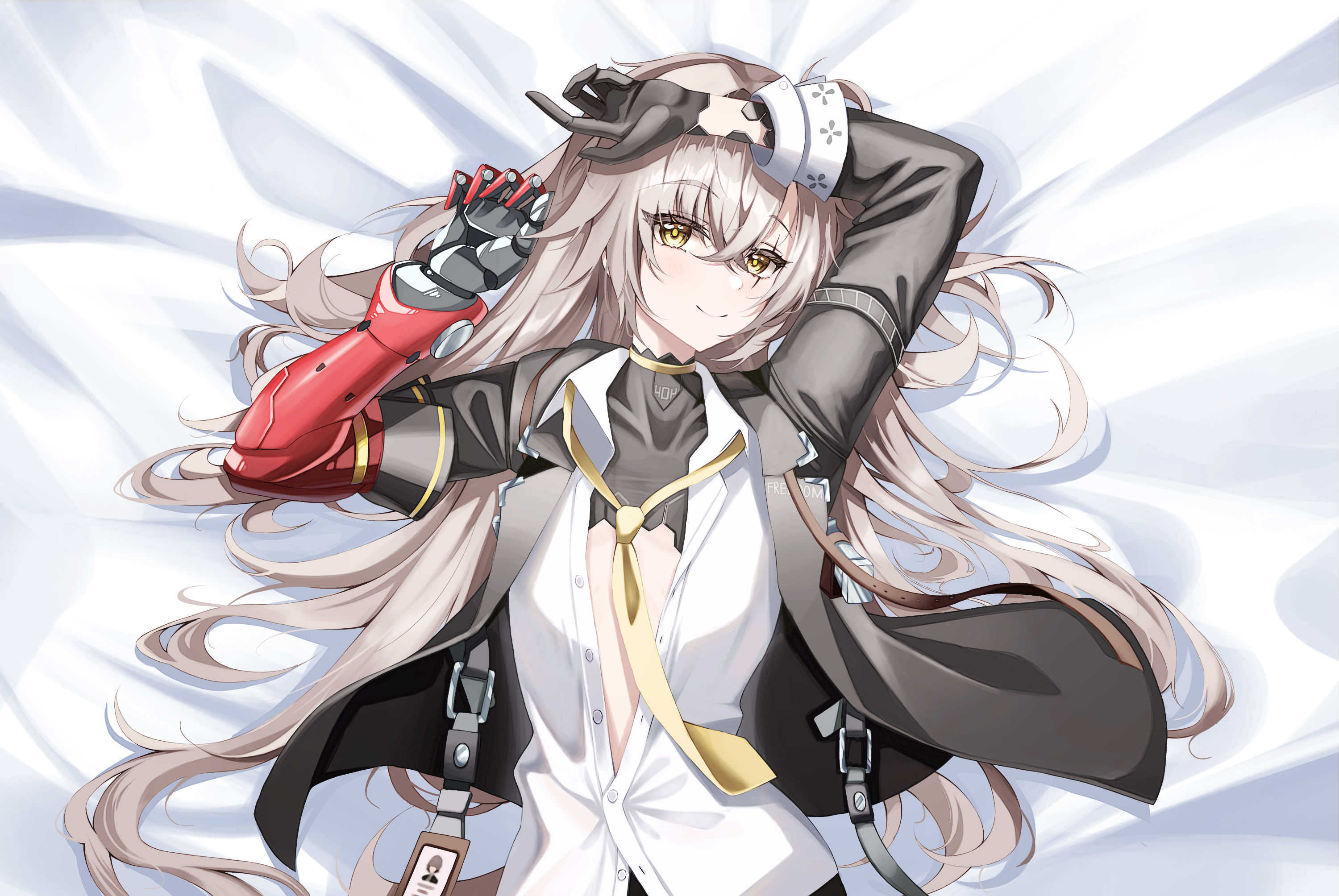 maru (est3562), leva (girls' frontline 2), ump45 (girls' frontline), girls' frontline, girls' frontline 2: exilium, highres, 1girl, arms up, bed sheet, black jacket, brown hair, id card, jacket, long hair, looking at viewer, lying, mechanical arms, necktie, on back, open clothes, open jacket, open shirt, scar, scar across eye, scar on face, shirt, single mechanical arm, smile, solo, upper body, very long hair, white shirt, yellow eyes, yellow necktie
