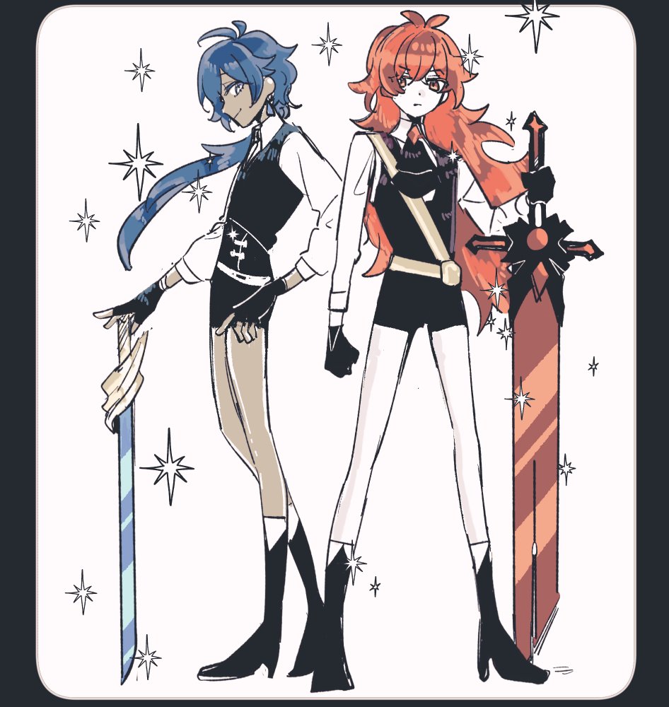 nendo (n), diluc (genshin impact), kaeya (genshin impact), genshin impact, houseki no kuni, commentary request, 2boys, antenna hair, ascot, black ascot, black boots, black border, black gloves, black shorts, black vest, blue eyes, blue hair, boots, border, brooch, closed mouth, collared shirt, crossed bangs, dark-skinned male, dark skin, favonius sword (genshin impact), fingerless gloves, gem uniform (houseki no kuni), gloves, greatsword, hair between eyes, hair over shoulder, holding, holding sword, holding weapon, jewelry, long hair, long sleeves, looking at viewer, low ponytail, male focus, multiple boys, ponytail, red eyes, red hair, serious, shirt, short shorts, shorts, sideways glance, smile, sparkle, standing, sword, vest, weapon, white background, white shirt, wing collar, wolf's gravestone (genshin impact)