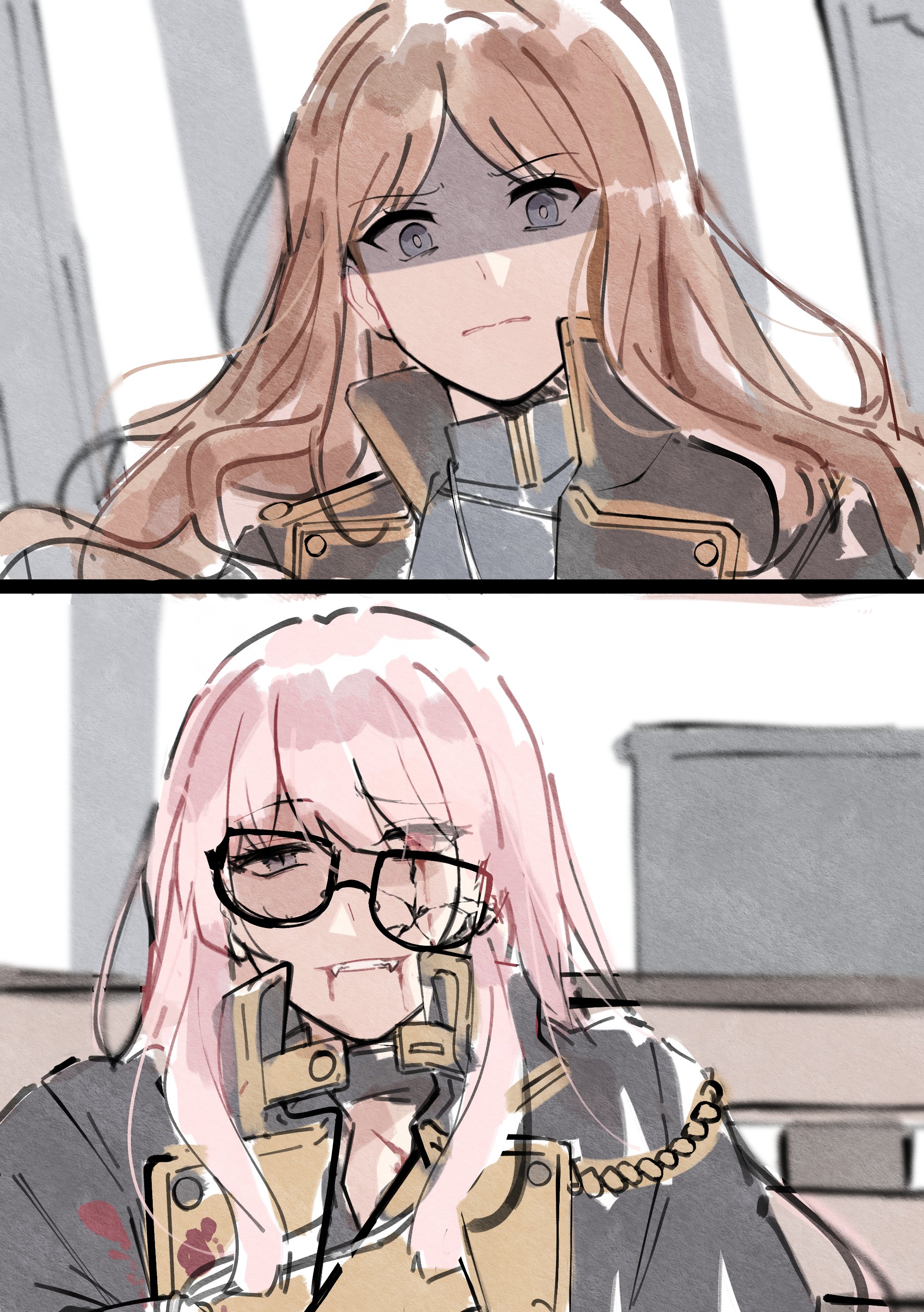 cheschorv, chihaya anon, nagasaki soyo, bang dream!, bang dream! it's mygo!!!!!, absurdres, commentary, english commentary, highres, 2girls, blood, blood from mouth, blue eyes, broken eyewear, brown hair, fangs, grey eyes, injury, long hair, looking at viewer, multiple girls, pink hair, sidelocks, upper body, vampire
