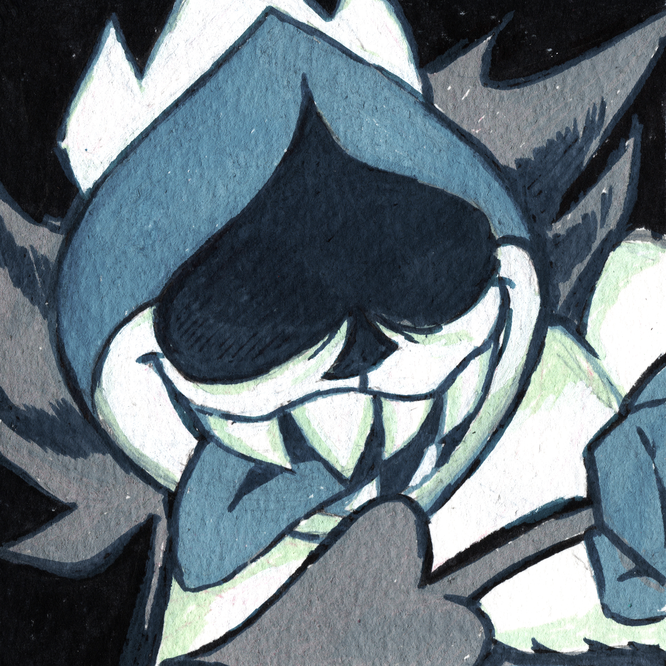 drawloverlala, lancer (deltarune), deltarune, utdr (toby fox), absurdres, highres, traditional media, 1boy, black background, blue tongue, colored tongue, facing viewer, grin, holding own tail, male focus, portrait, smile, solo, tail, tongue, tongue out