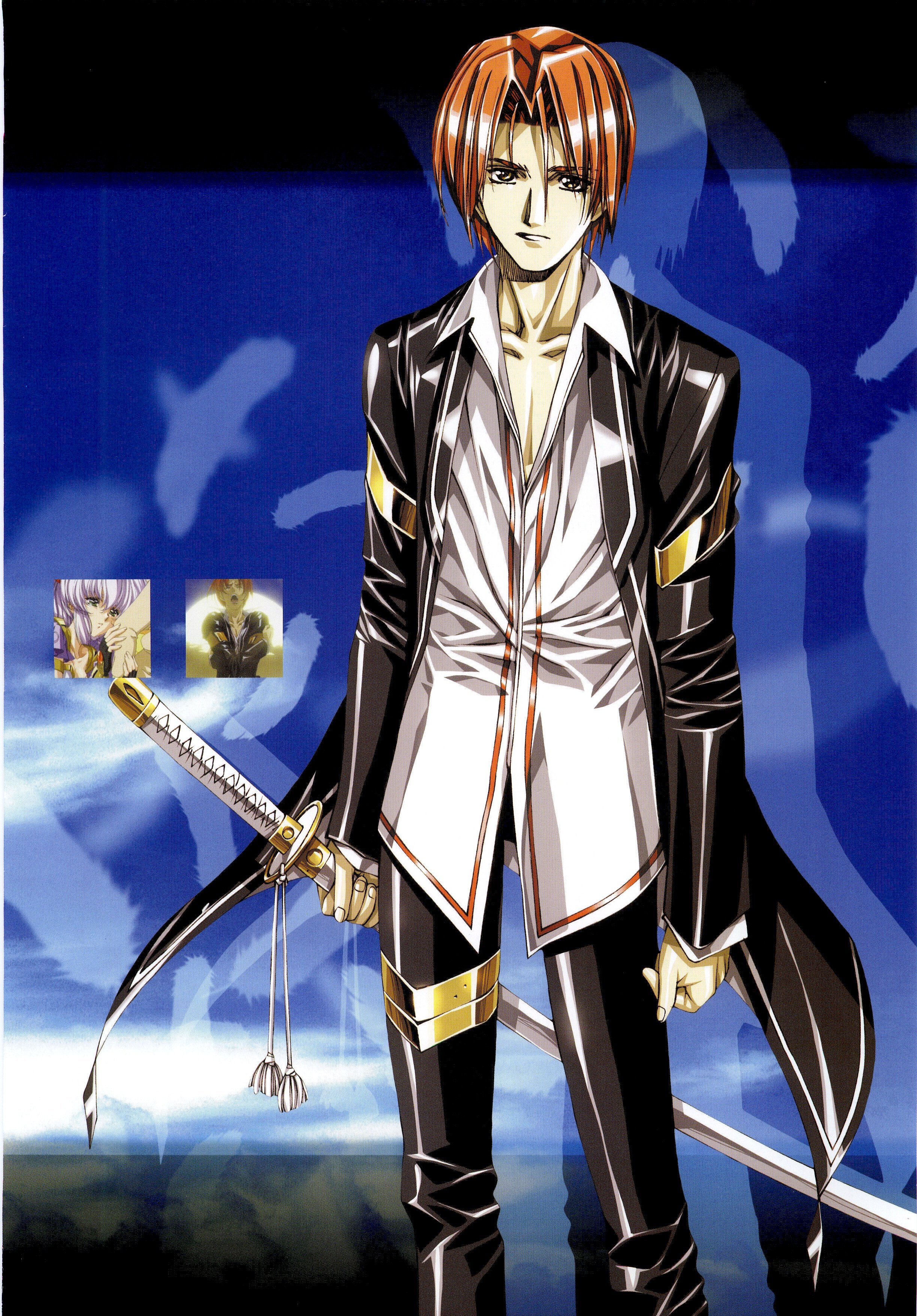 urushihara satoshi, crevaniel, crevanille (growlanser), d-ln, growlanser, growlanser iv, screencap, absurdres, highres, official art, scan, 1boy, 1girl, arm hug, armlet, bishounen, clenched hand, closed eyes, cloud, collarbone, collared shirt, crossed arms, feathers, formal clothes, grey eyes, holding, holding weapon, jewelry, letterboxed, long sleeves, looking at viewer, open mouth, pants, parted bangs, parted lips, pectorals, red hair, ribbon, screenshot inset, sheath, sheathed, shiny clothes, shirt, short hair, silhouette, sky, smile, solo focus, standing, suit, sword, tassel, tears, thigh strap, thighlet, wayfarer of the time, weapon, white hair