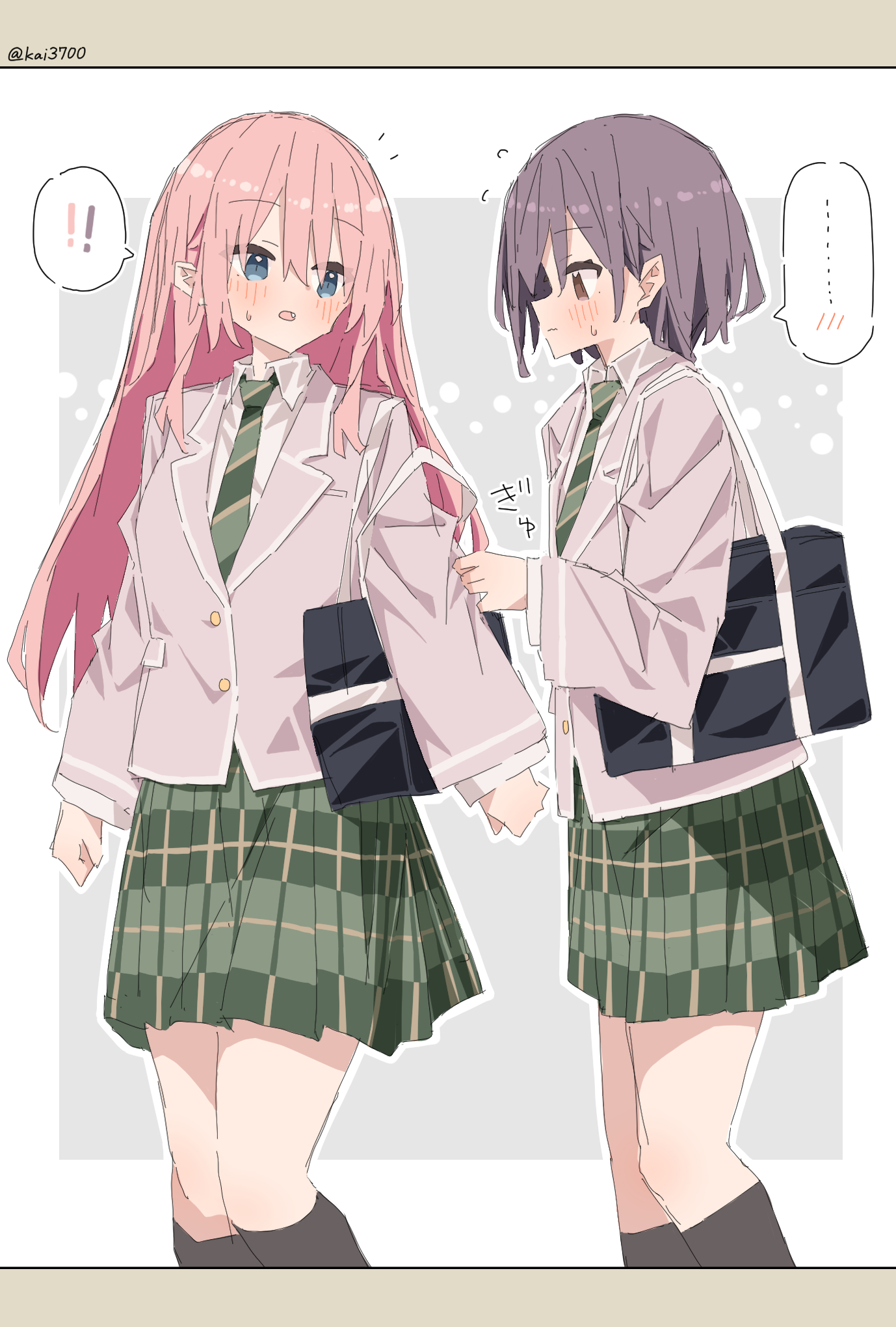 kai3700, chihaya anon, takamatsu tomori, bang dream!, bang dream! it's mygo!!!!!, commentary, highres, 2girls, bag, black bag, black socks, blue eyes, blush, brown eyes, diagonal-striped clothes, diagonal-striped necktie, fang, green necktie, green skirt, grey hair, grey jacket, haneoka school uniform, jacket, jacket tug, kneehighs, long hair, long sleeves, multiple girls, necktie, open mouth, outline, pink hair, plaid clothes, plaid skirt, school bag, school uniform, short hair, shoulder bag, skirt, socks, striped clothes, twitter username, white outline