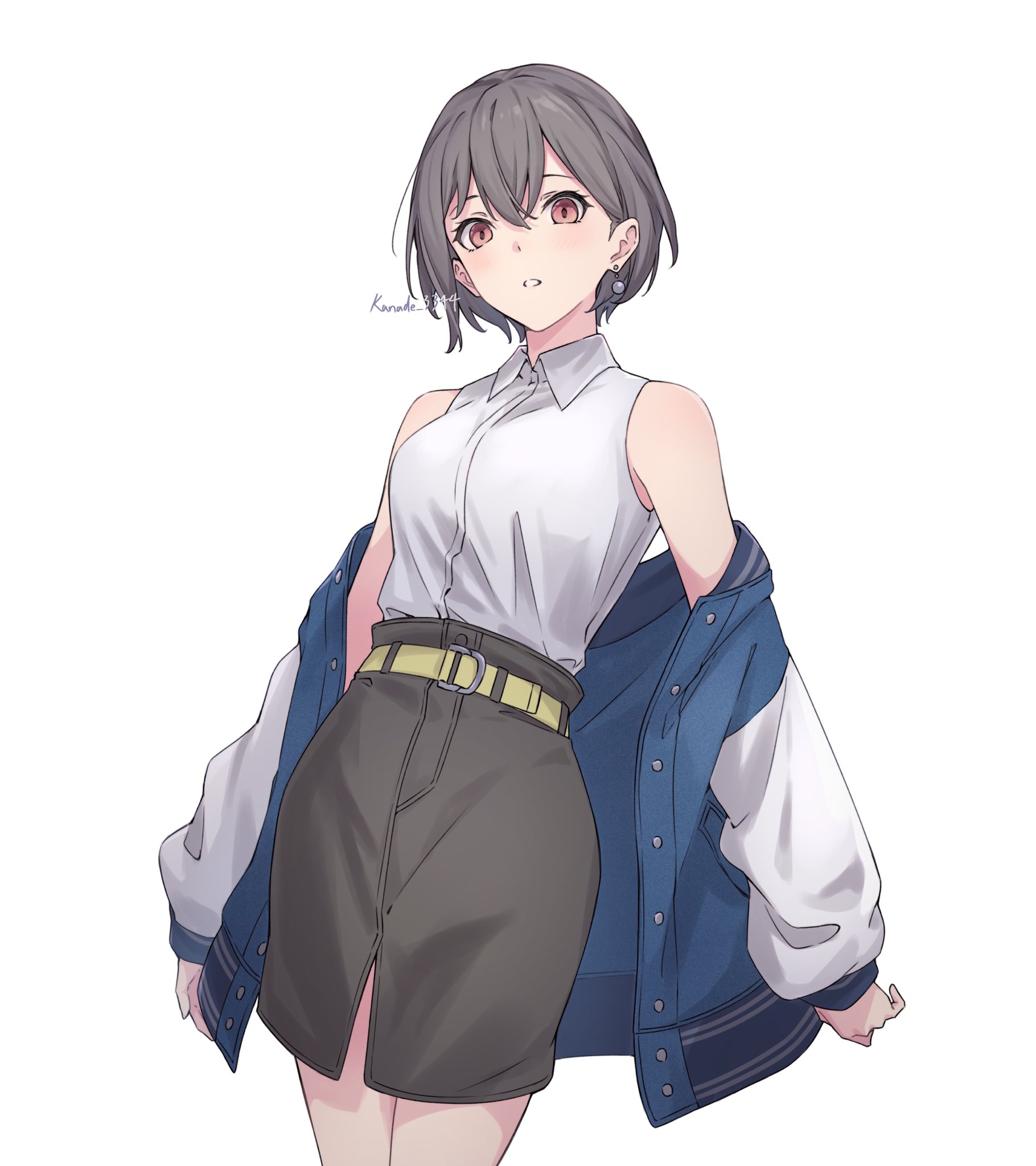 kanade (kanade 3344), takamatsu tomori, bang dream!, bang dream! it's mygo!!!!!, commentary, hashtag-only commentary, highres, 1girl, belt, blue jacket, breasts, brown eyes, collared shirt, dress shirt, earrings, grey hair, grey skirt, jacket, jewelry, looking at viewer, medium breasts, off shoulder, open clothes, open jacket, open mouth, shirt, shirt tucked in, short hair, simple background, skirt, solo, white background, white shirt, yellow belt