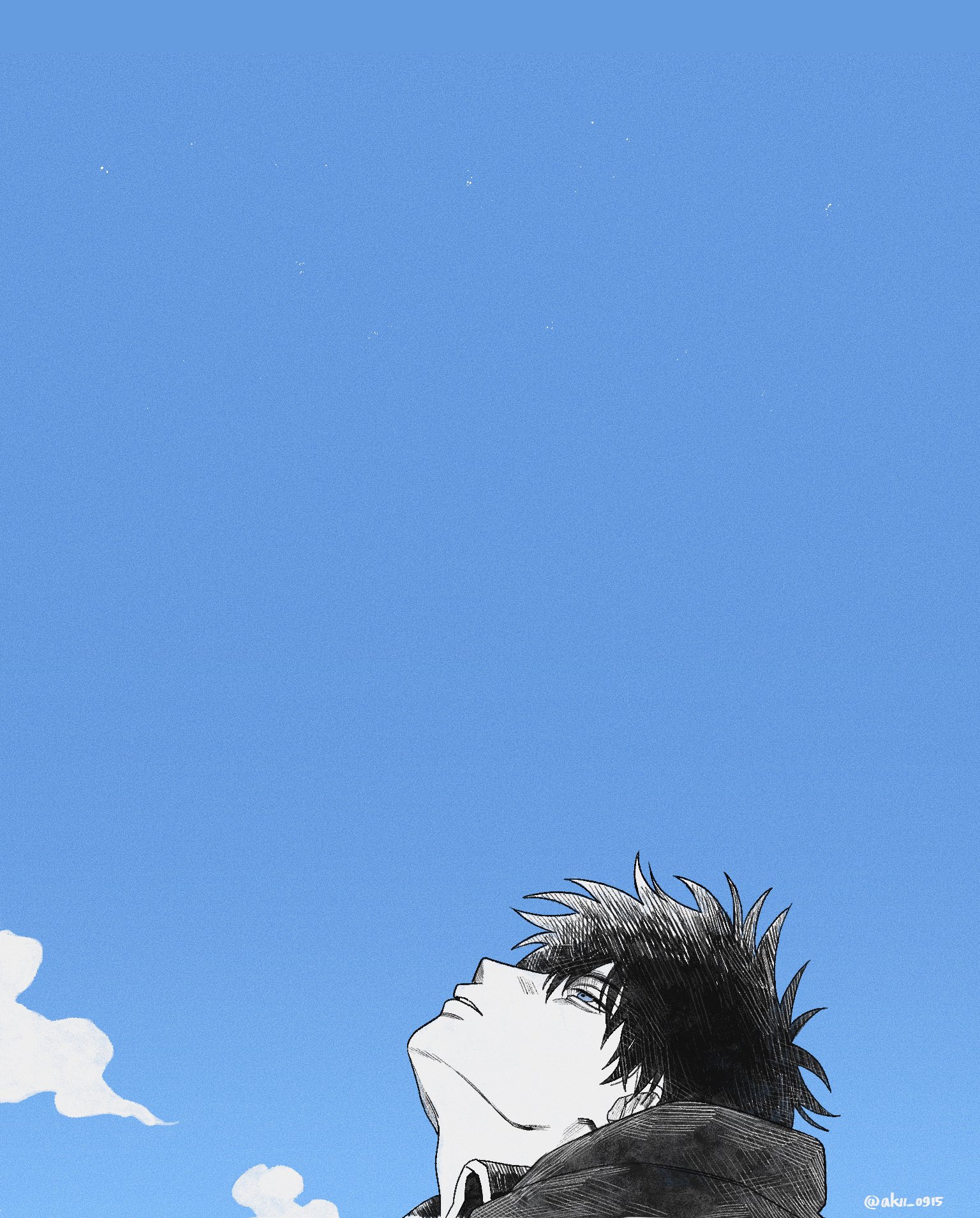 akii 0915, hijikata toushirou, gintama, commentary request, highres, 1boy, bags under eyes, blue sky, film grain, head back, hood, looking up, male focus, parted bangs, parted lips, profile, short hair, sky, smoke, solo, wing collar