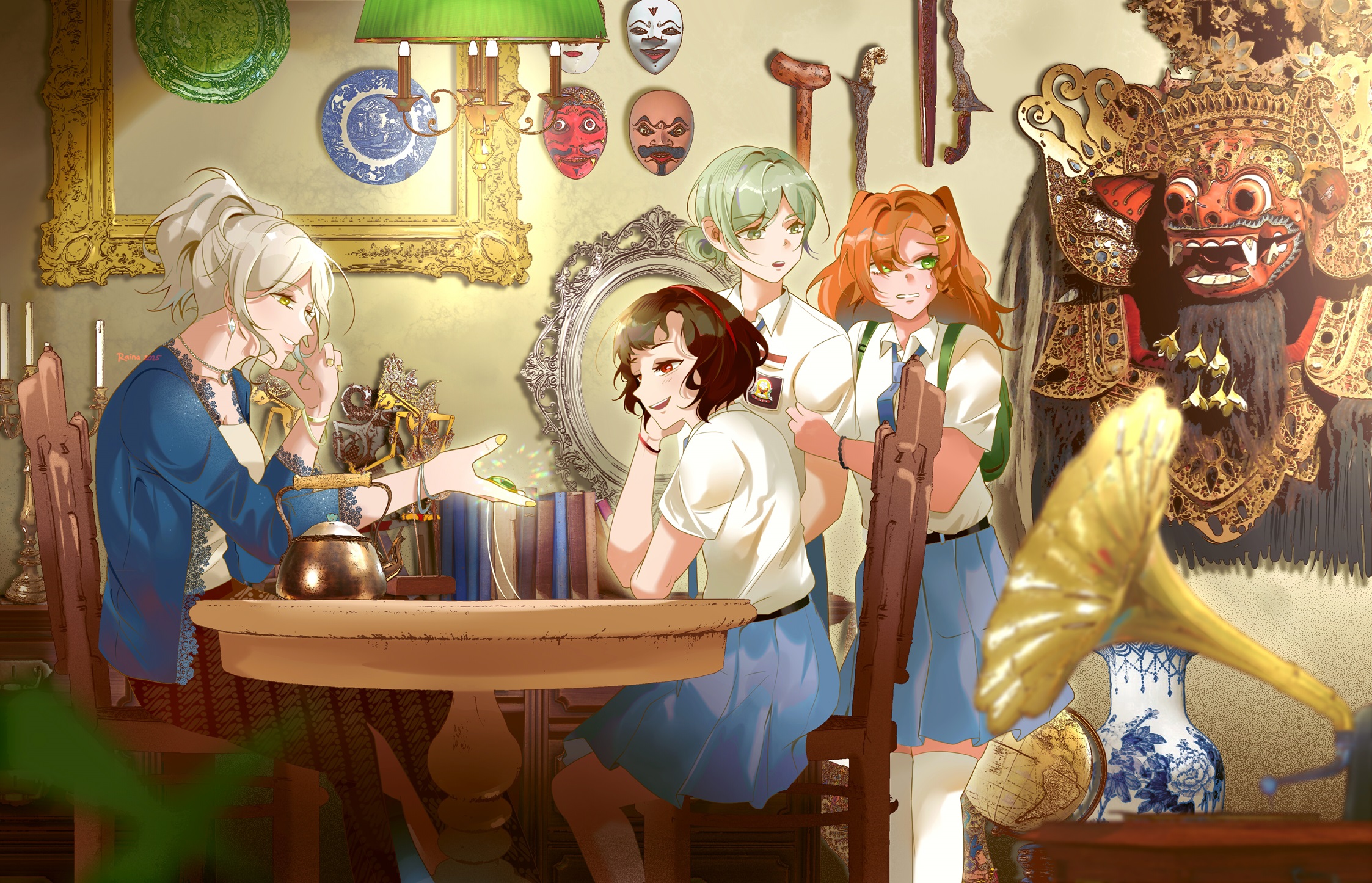 eternity (reverse:1999), schneider (reverse:1999), sonetto (reverse:1999), vertin (reverse:1999), reverse:1999, highres, 4girls, :d, alternate costume, backpack, bag, blue jacket, blue necktie, blue skirt, book, bracelet, candlestand, chair, clenched teeth, collared shirt, eye contact, face-to-face, feet out of frame, globe, green bag, green eyes, grey eyes, grey hair, hair bun, hairband, hands up, hanging light, holding another's arm, indoors, jacket, jewelry, kris (weapon), long hair, long skirt, looking at another, mask, medium hair, miniskirt, multiple girls, necktie, on chair, open mouth, phonograph, picture frame, ponytail, profile, raina (luckywolf), red eyes, red hairband, red skirt, round table, scared, scenery, school uniform, shirt, shop, short hair, short sleeves, single side bun, sitting, skirt, smile, standing, sweat, table, teeth, thighhighs, two side up, vase, white hair, white shirt, white thighhighs, yellow eyes