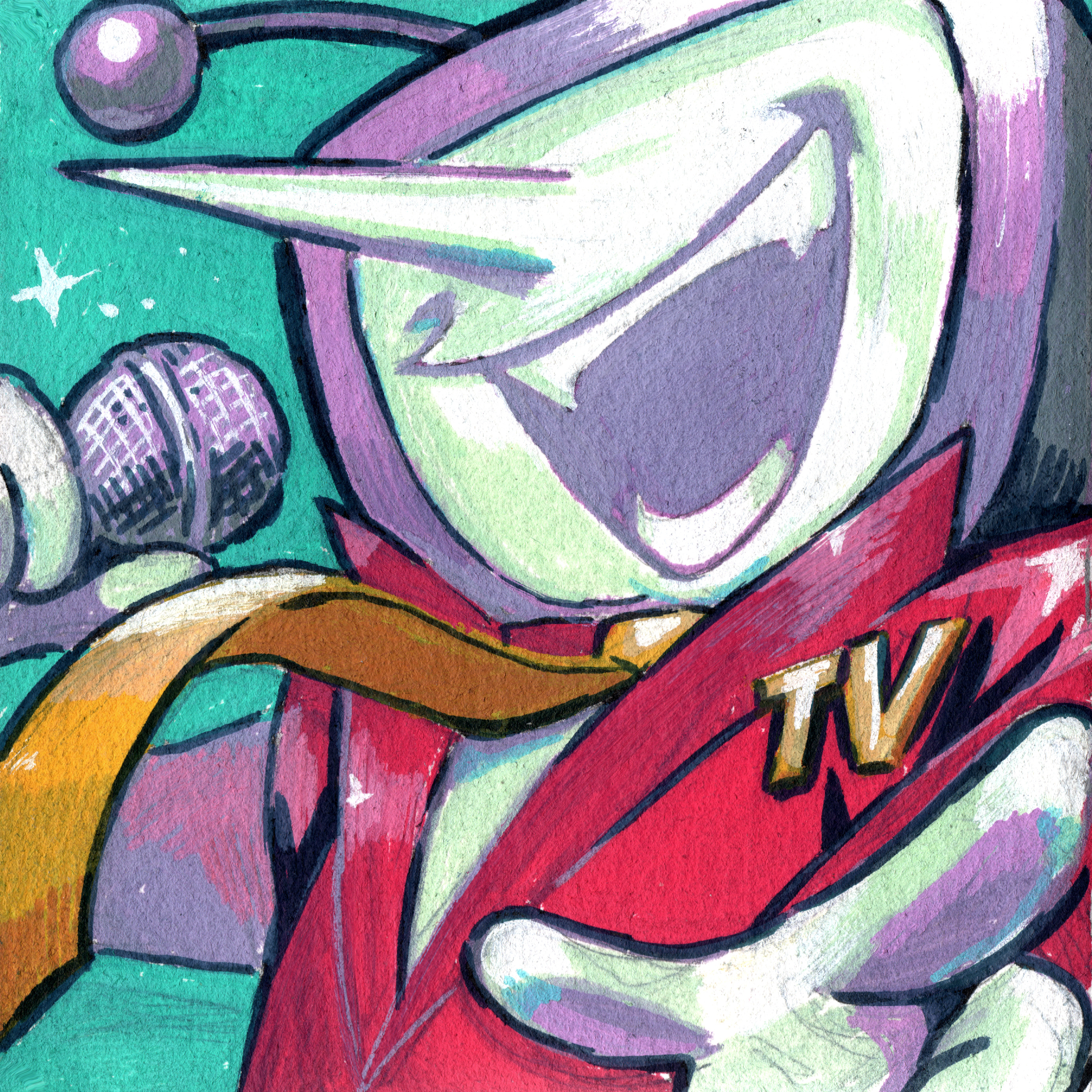 drawloverlala, ant tenna, deltarune, utdr (toby fox), absurdres, highres, traditional media, 1boy, :d, antennae, aqua background, colored skin, formal clothes, holding, holding microphone, male focus, microphone, necktie, object head, open mouth, pointy nose, portrait, red suit, smile, suit, upper body, white skin, yellow necktie