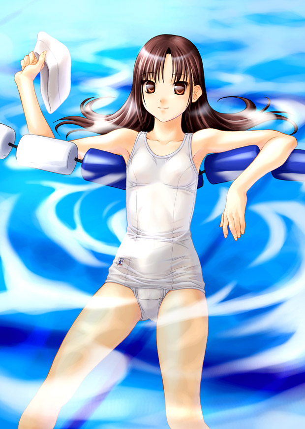 norizou type-r, 1girl, afloat, breasts, brown eyes, brown hair, female focus, lane line, looking at viewer, nipples, one-piece swimsuit, pool, school swimsuit, see-through clothes, small breasts, smile, solo, swim cap, swimsuit, white one-piece swimsuit, white school swimsuit