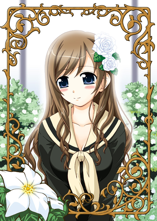 yuuma (artist), yuuma (skirthike), toudou shimako, maria-sama ga miteru, 00s, 1girl, bloom, brown hair, female focus, flower, hair flower, hair ornament, long hair, looking at viewer, solo