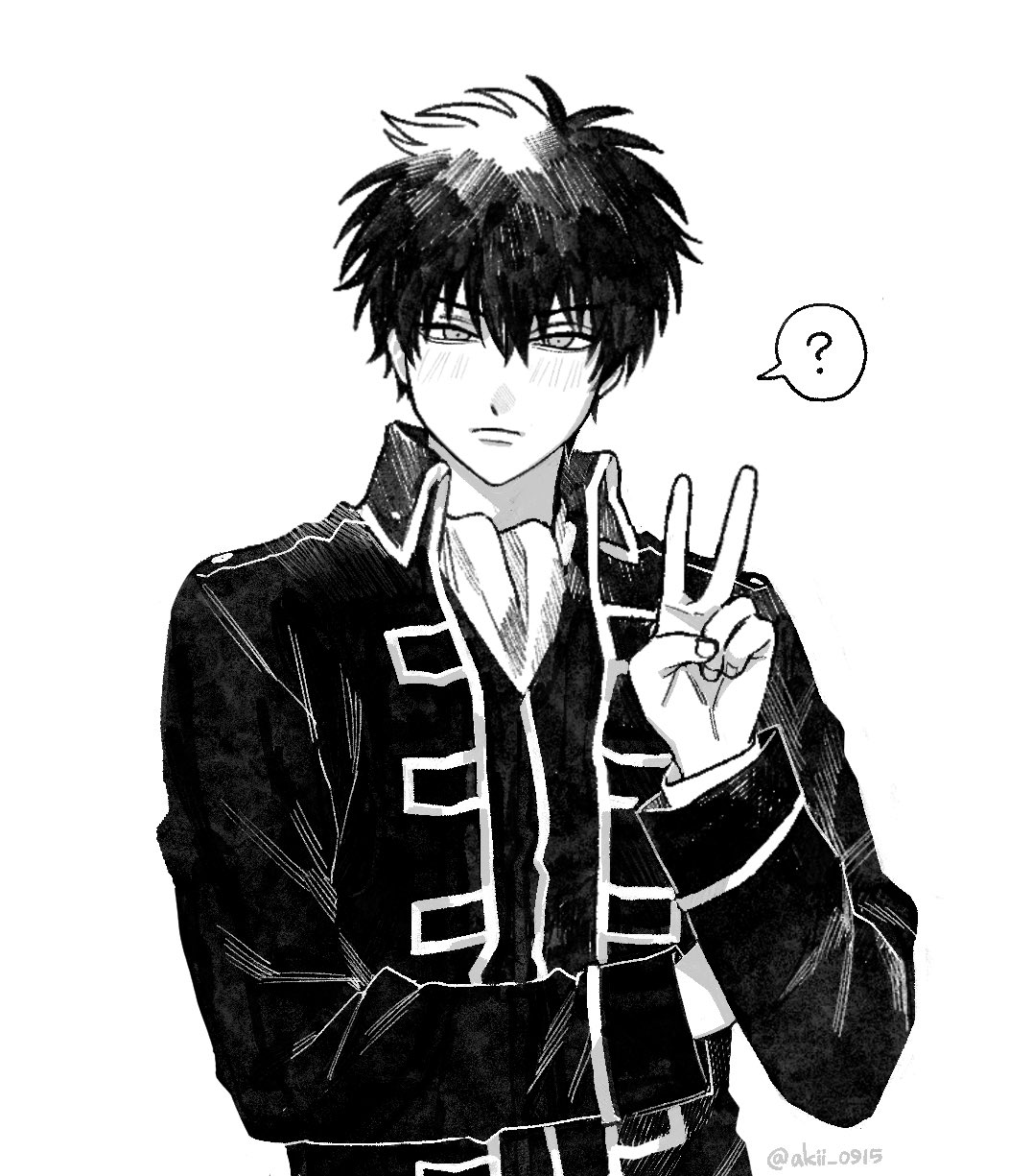 akii 0915, hijikata toushirou, gintama, commentary request, highres, 1boy, ?, arm up, ascot, blush, closed mouth, collared jacket, cowboy shot, dot nose, fingernails, frown, greyscale, hair between eyes, high collar, jacket, layered sleeves, long sleeves, looking at viewer, male focus, monochrome, short hair, simple background, solo, speech bubble, spoken question mark, standing, twitter username, v, white background, wing collar
