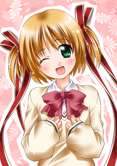 itsuki sayaka, kamikita komari, little busters!, 1girl, blonde hair, bow, bowtie, female focus, green eyes, long sleeves, looking at viewer, pink bow, red bow, red bowtie, short twintails, sleeves past wrists, solo, sweater, twintails, upper body