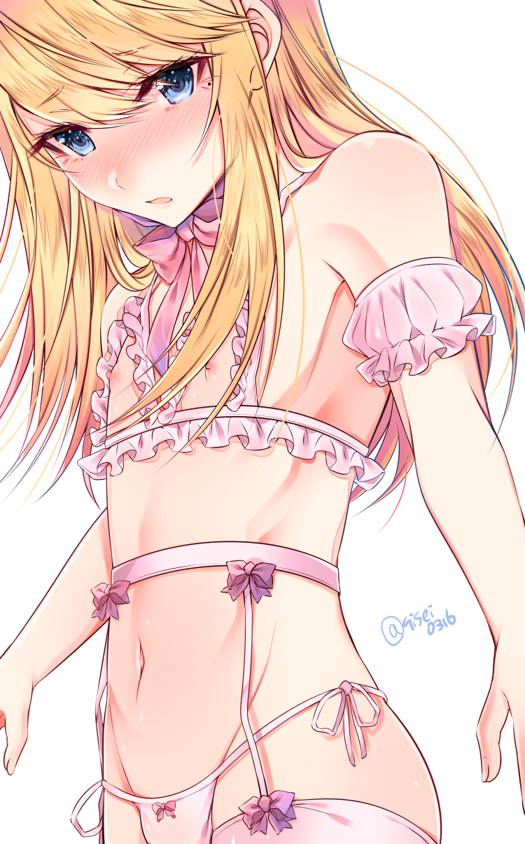 shisei (kyuushoku banchou), original, highres, 1boy, armpits, arms at sides, blonde hair, blue eyes, blush, bow, bow panties, bra, bulge, crossdressing, crossdressing (mtf), cupless bra, detached sleeves, frilled bra, frilled sleeves, frills, groin, head down, lingerie, long hair, long sidelocks, looking at viewer, male focus, mole, mole under eye, navel, panties, parted lips, pink bra, pink garter belt, pink headdress, pink ribbon, pink sleeves, pink thighhighs, puffy nipples, puffy short sleeves, puffy sleeves, raised inner eyebrows, ribbon, ribbon-trimmed headwear, ribbon-trimmed thighhighs, ribbon trim, short sleeves, side-tie panties, sidelocks, simple background, solo, standing, straight hair, string panties, swept bangs, thighhighs, thighs, trap, underwear
