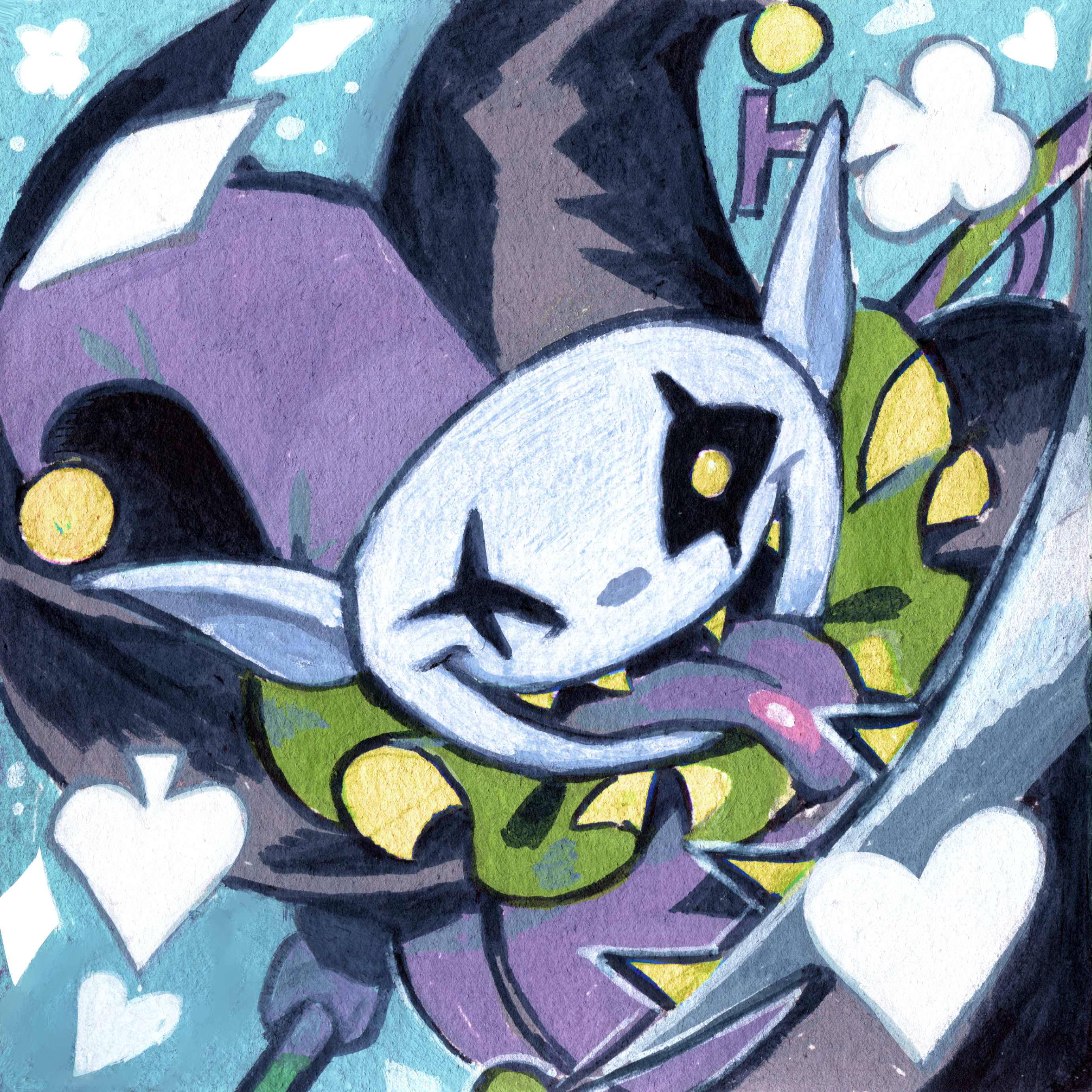 drawloverlala, jevil, deltarune, utdr (toby fox), absurdres, highres, traditional media, 1other, black hat, black sclera, blue background, club (shape), colored sclera, colored teeth, hat, heart, holding, holding scythe, jester, jester cap, looking at viewer, open mouth, pointy ears, purple hat, scythe, sharp teeth, spade (shape), teeth, tongue, tongue out, yellow eyes, yellow teeth