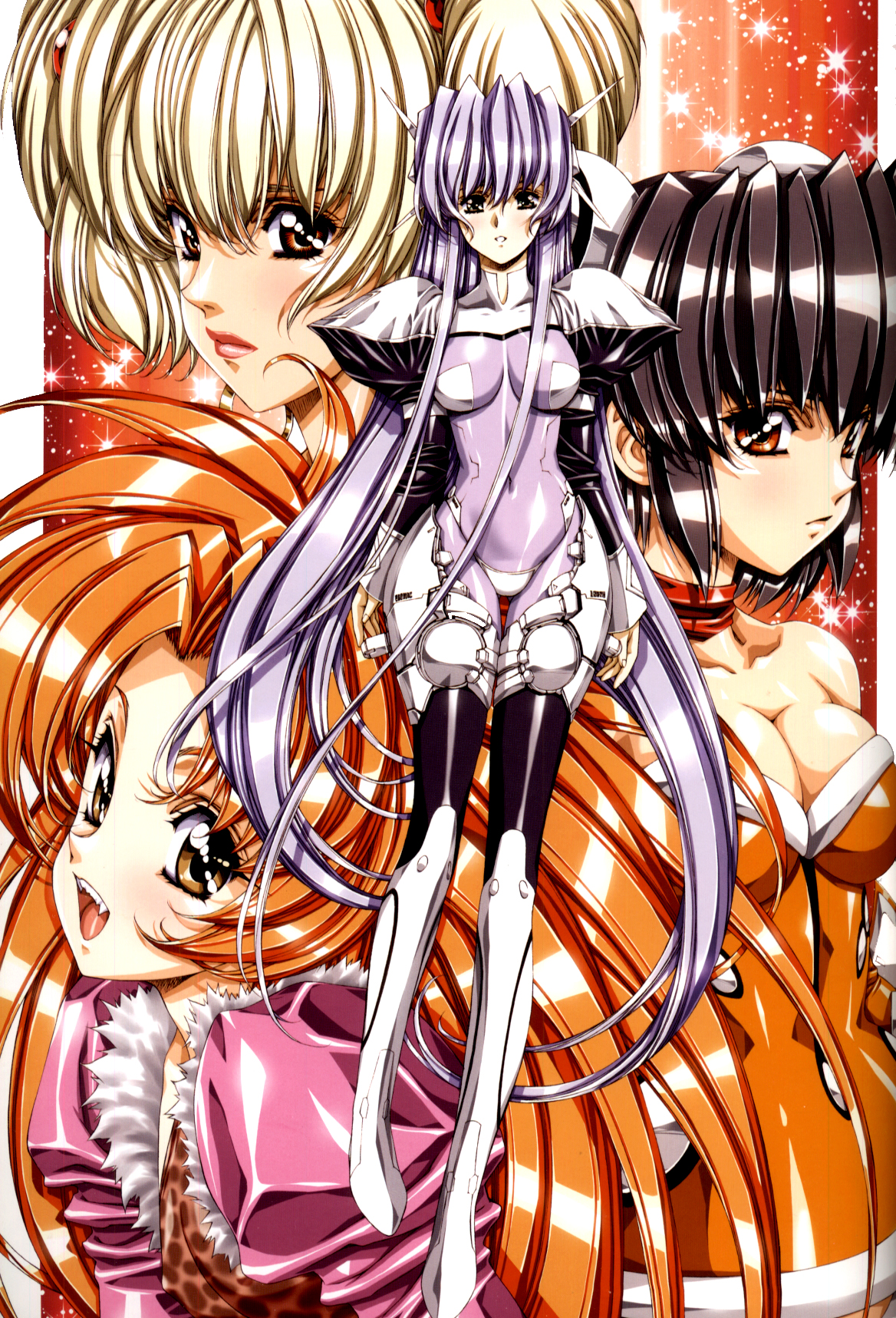 urushihara satoshi, eliza (growlanser), eliza mayfield, frane, frayne (growlanser), leona (growlanser), regina (growlanser), growlanser, growlanser iv, light purple hair, highres, official art, scan, 4girls, :d, animal print, armor, bare shoulders, black hair, blonde hair, bodysuit, boots, breasts, breasts apart, brown eyes, bun cover, choker, cleavage, collarbone, covered erect nipples, covered navel, double bun, dress, earrings, expressionless, fang, faulds, fur trim, hair bobbles, hair bun, hair ornament, hairpods, headgear, hip focus, hoop earrings, impossible bodysuit, impossible clothes, jewelry, large breasts, leopard print, lipstick, long hair, long sleeves, looking at viewer, makeup, multiple girls, open mouth, orange dress, orange hair, parted lips, puffy long sleeves, puffy sleeves, purple bodysuit, purple hair, red background, red eyes, scarf, shiny clothes, shiny skin, short dress, short hair, short twintails, sidelocks, skin tight, small breasts, smile, sparkle, standing, thigh boots, thigh gap, thighhighs, thighs, turtleneck, twintails, very long hair