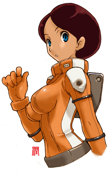 abe jun, emma sheen, gundam, zeta gundam, 1girl, blue eyes, bodysuit, breasts, brown hair, female focus, short hair, simple background, solo