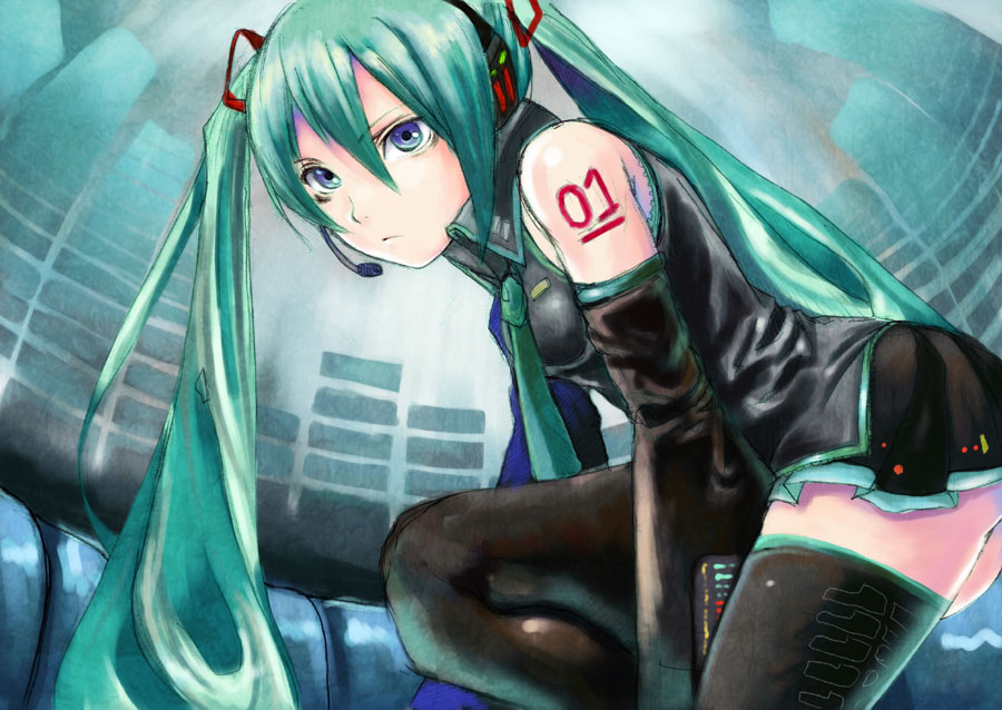 shaun (nine o), hatsune miku, vocaloid, 1girl, aqua necktie, black thighhighs, blouse, blue eyes, collared shirt, female focus, green hair, grey shirt, long hair, necktie, shirt, shoulder tattoo, sleeveless, sleeveless shirt, solo, tattoo, thighhighs, twintails, u53e3u81edu885bu751fu5c40, very long hair, zettai ryouiki
