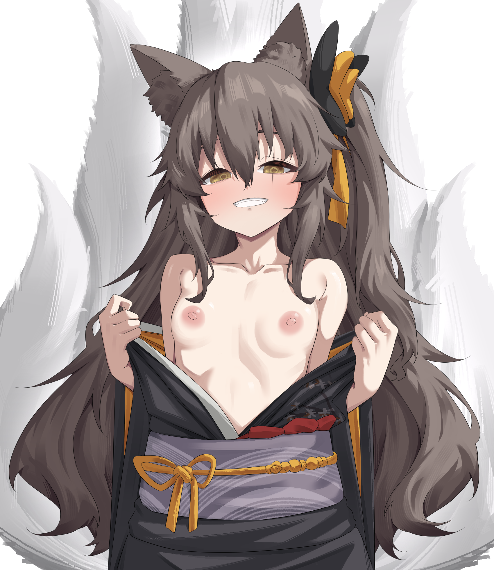 act (xadachit), ump45 (girls' frontline), girls' frontline, highres, 1girl, animal ears, black kimono, breasts, brown hair, clenched teeth, fox ears, fox girl, fox tail, grin, hair between eyes, japanese clothes, kimono, kitsune, long hair, looking at viewer, multiple tails, nipples, no bra, off shoulder, open clothes, open kimono, scar, scar across eye, scar on face, small breasts, smile, solo, tail, teeth, undressing, upper body, very long hair, yellow eyes