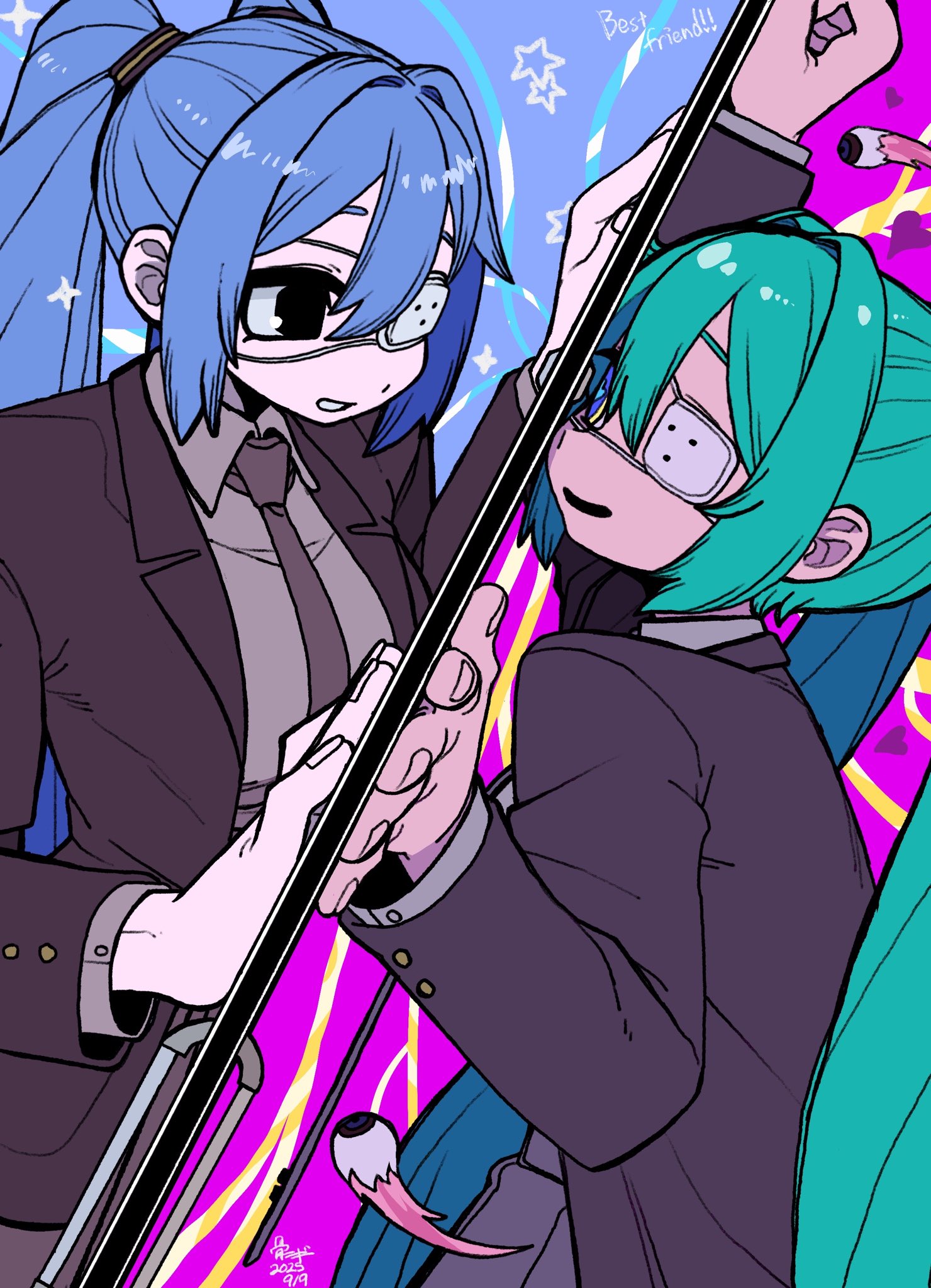 bone nigi, hatsune miku, monitoring (vocaloid), vocaloid, commentary, highres, 2girls, against door, aqua hair, artist name, black eyes, blue background, blue eyes, blue hair, brown jacket, brown necktie, collared shirt, dated, disembodied eye, doorknob, dual persona, english text, eye contact, eyepatch, grin, heart, heart-shaped pupils, jacket, lapels, long hair, long sleeves, looking at another, medical eyepatch, multiple girls, necktie, open mouth, peephole, purple background, shirt, smile, star (symbol), symbol-shaped pupils, twintails, two-tone background, very long hair, wing collar