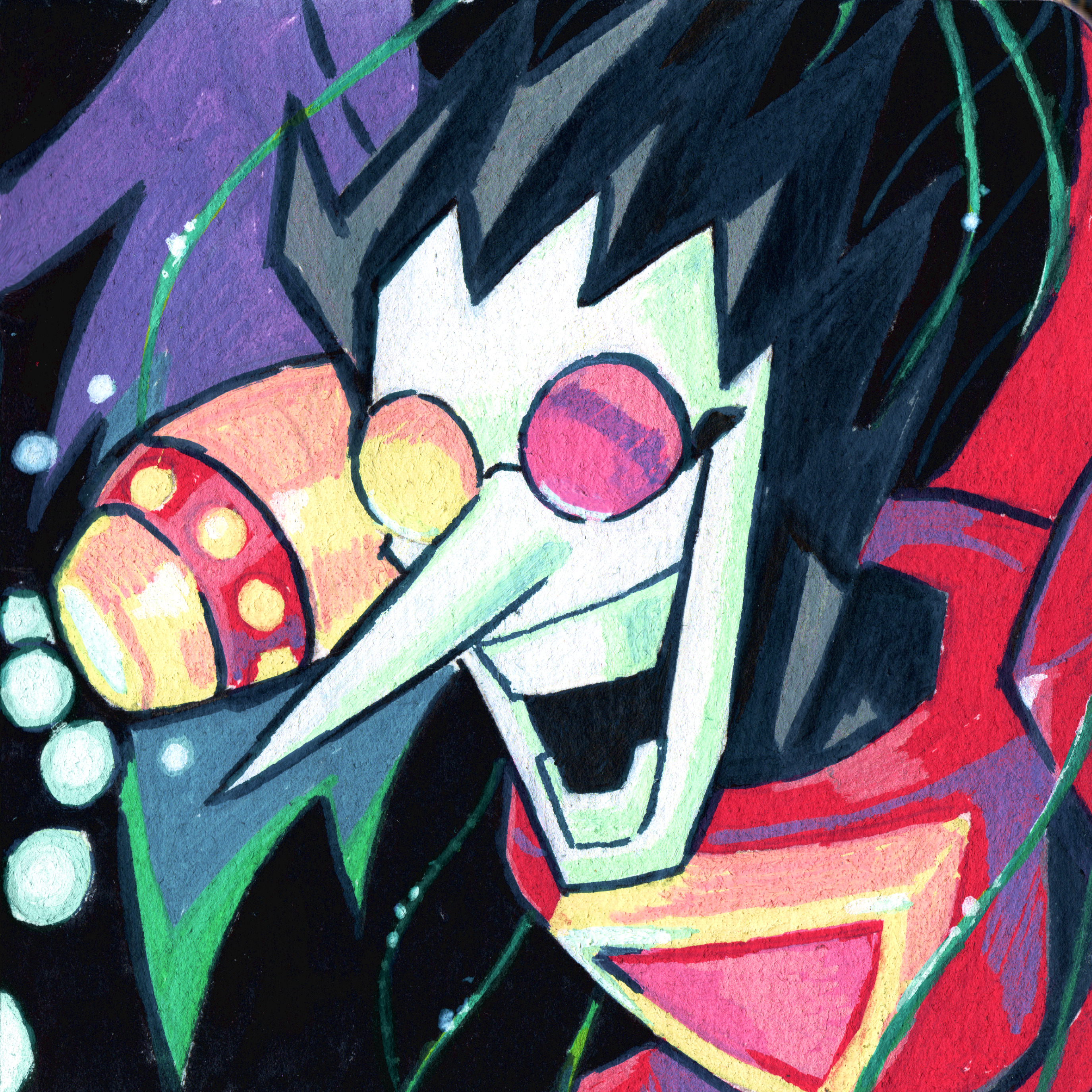 drawloverlala, spamton g. spamton, spamton neo, deltarune, utdr (toby fox), absurdres, highres, 1boy, arm cannon, black background, black hair, colored skin, heterochromatic eyewear, male focus, open mouth, pointy nose, portrait, teeth, tinted eyewear, weapon, wings