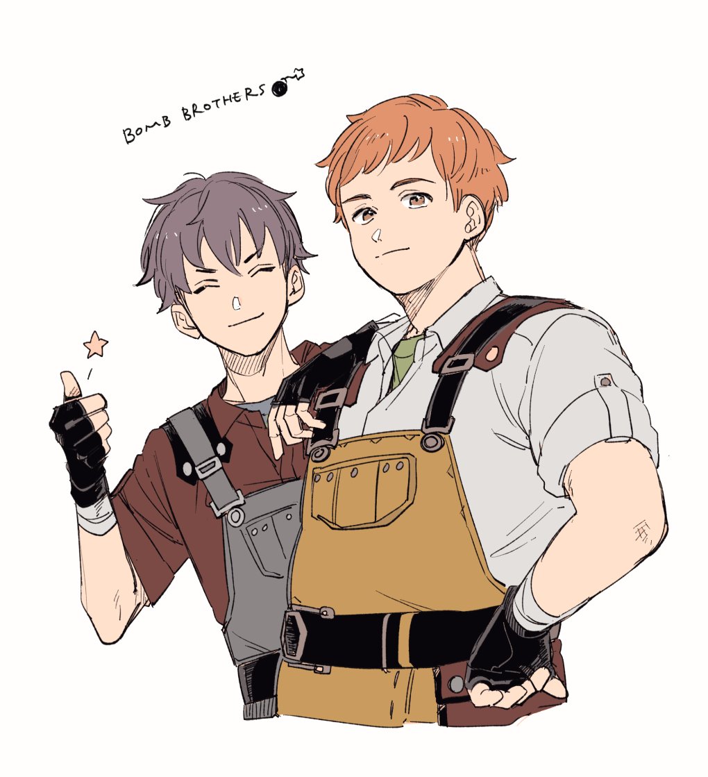 nendo (n), genshin impact, commentary request, 2boys, ^ ^, arm on another's shoulder, bandaged arm, bandages, belt, belt buckle, black belt, black gloves, brown hair, brown overalls, buckle, closed eyes, closed mouth, collared shirt, cuistot (genshin impact), english text, fingerless gloves, gloves, grey overalls, hand on own hip, hand up, laverune (genshin impact), looking at viewer, male focus, multiple boys, orange eyes, orange hair, overalls, red shirt, shirt, short hair, short sleeves, simple background, smile, star (symbol), thumbs up, upper body, white background, white shirt