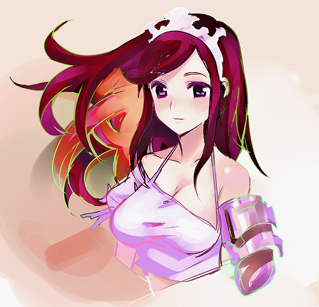 sanae (satansanae), aisha (ash), archaic sealed heat, ash (game), 1girl, breasts, cleavage, female focus, purple eyes, solo