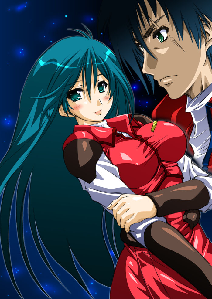 marui, aiba takaya, kisaragi aki, tekkaman blade, 1990s (style), aqua eyes, aqua hair, blush, bodysuit, breasts, large breasts, long hair, smile, space
