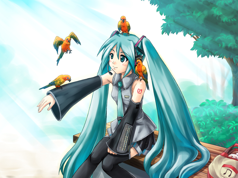 kamiyama idumi, kamiyama izumi, hatsune miku, vocaloid, 1girl, animal, animal on arm, animal on head, animal on shoulder, aqua hair, bench, bird, bird on arm, bird on head, bird on shoulder, black thighhighs, blouse, collared shirt, day, female focus, grey shirt, long hair, on head, park, parrot, shirt, shoulder tattoo, sky, sleeveless, sleeveless shirt, solo, tattoo, thighhighs, twintails, very long hair