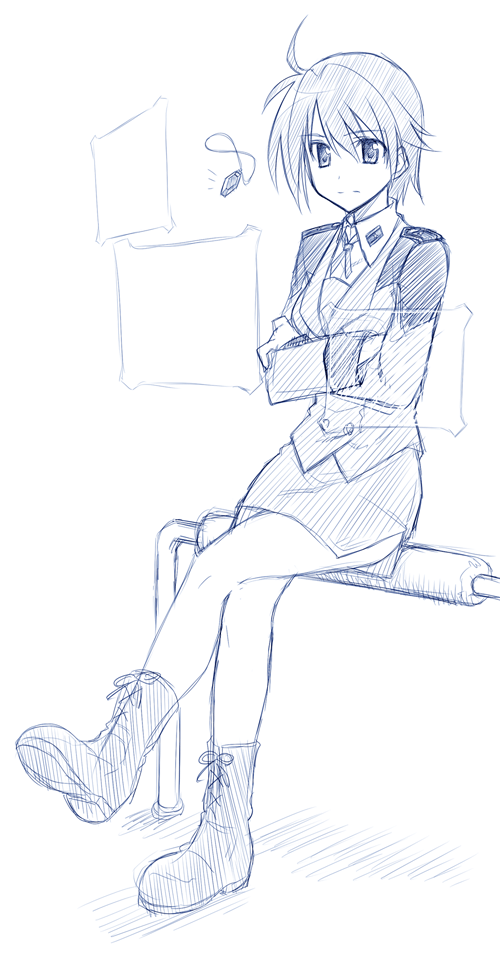 himura kiseki, revolver knuckle, subaru nakajima, lyrical nanoha, mahou shoujo lyrical nanoha, mahou shoujo lyrical nanoha strikers, 00s, 1girl, blue theme, boots, crossed arms, crossed legs, female focus, holographic interface, monochrome, purple theme, short hair, sitting, solo