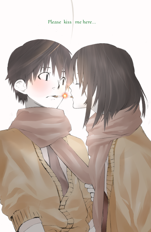 onigunsou, original, 1boy, 1girl, blush, cardigan, cigarette, english text, scarf, school uniform, serafuku, shared clothes, shared scarf